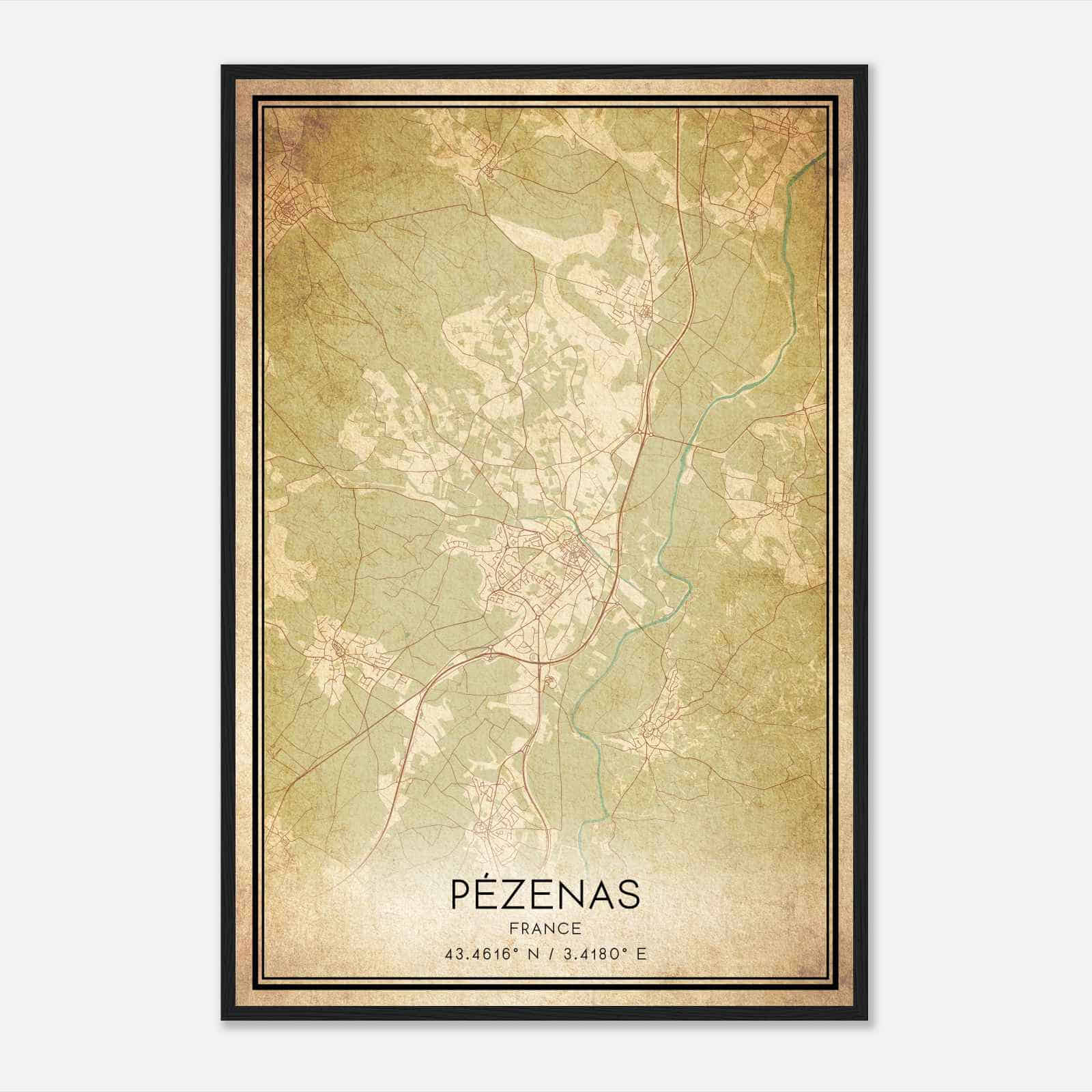 Vintage Pezenas France Map Poster, Pezenas City Road Wall Art Print