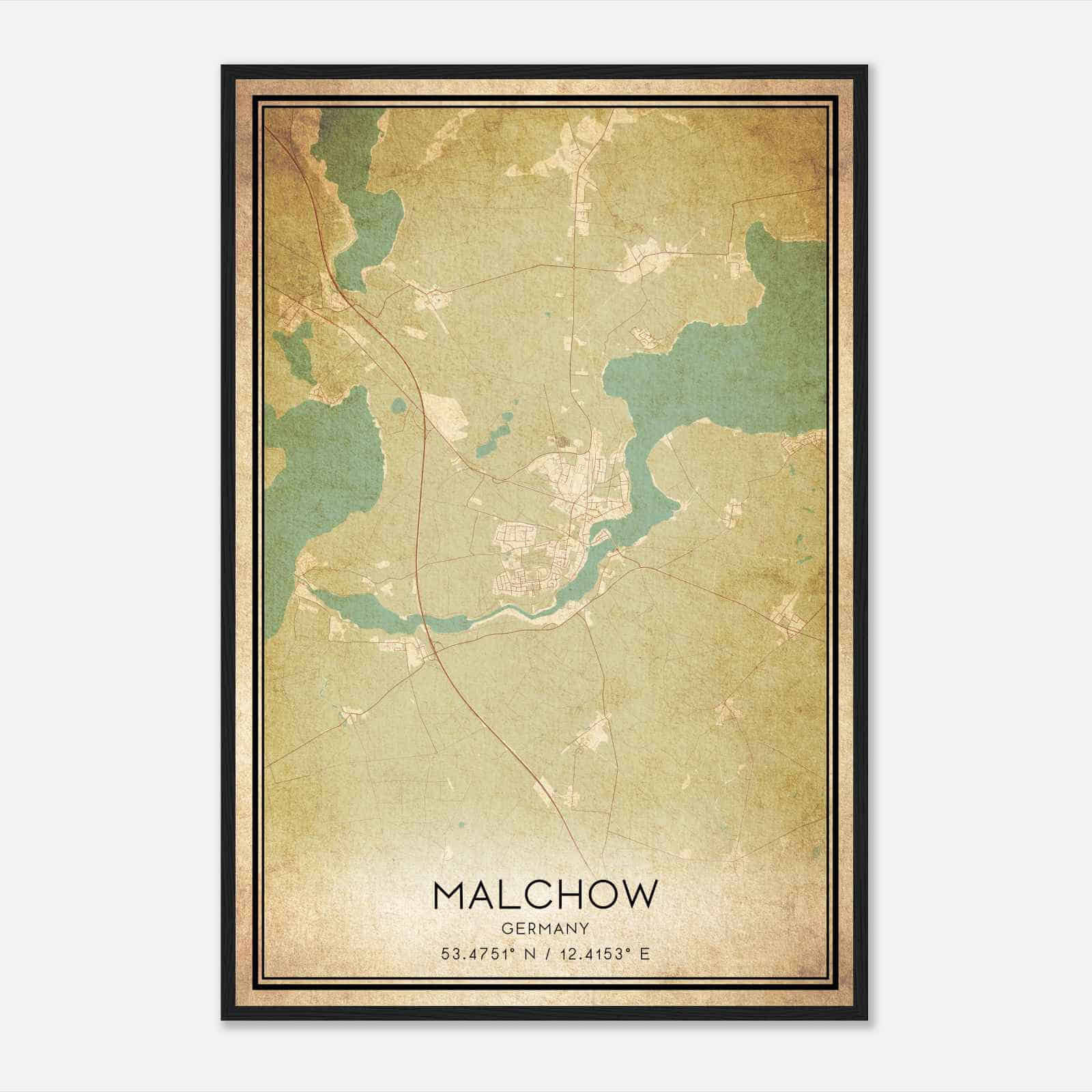 Vintage Malchow Germany Map Poster, Malchow City Road Wall Art Print