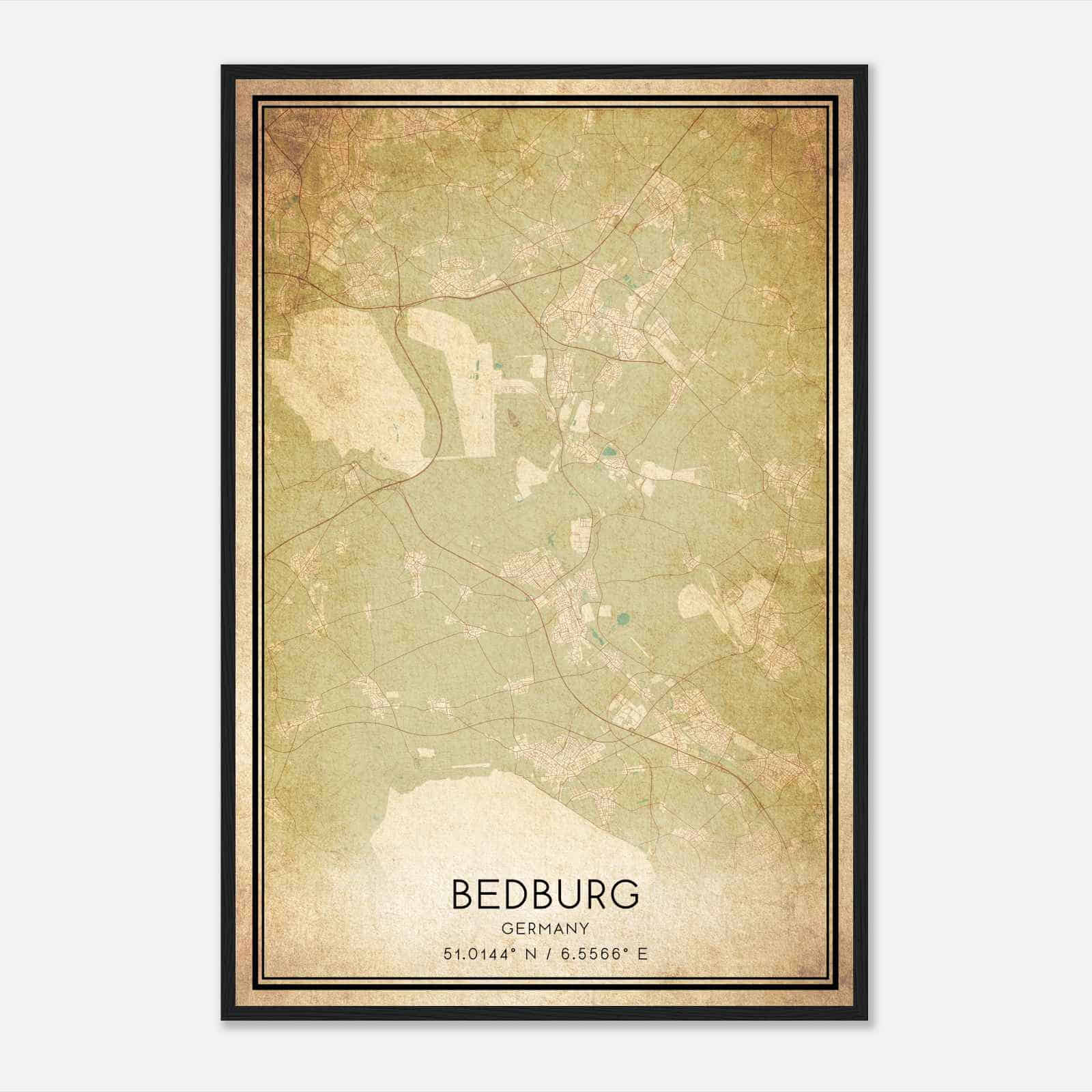 Vintage Bedburg Germany Map Poster, Bedburg City Road Wall Art Print