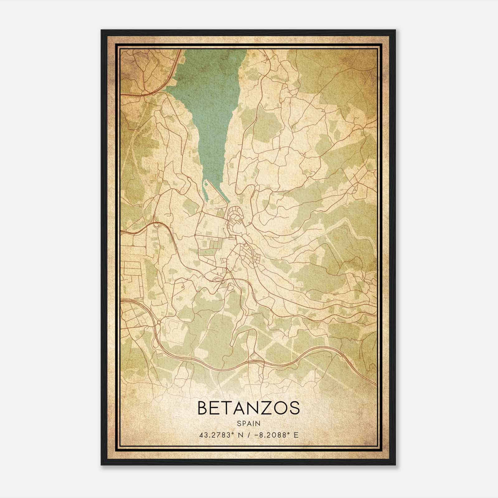 Vintage Betanzos Spain Map Poster, Betanzos City Road Wall Art Print