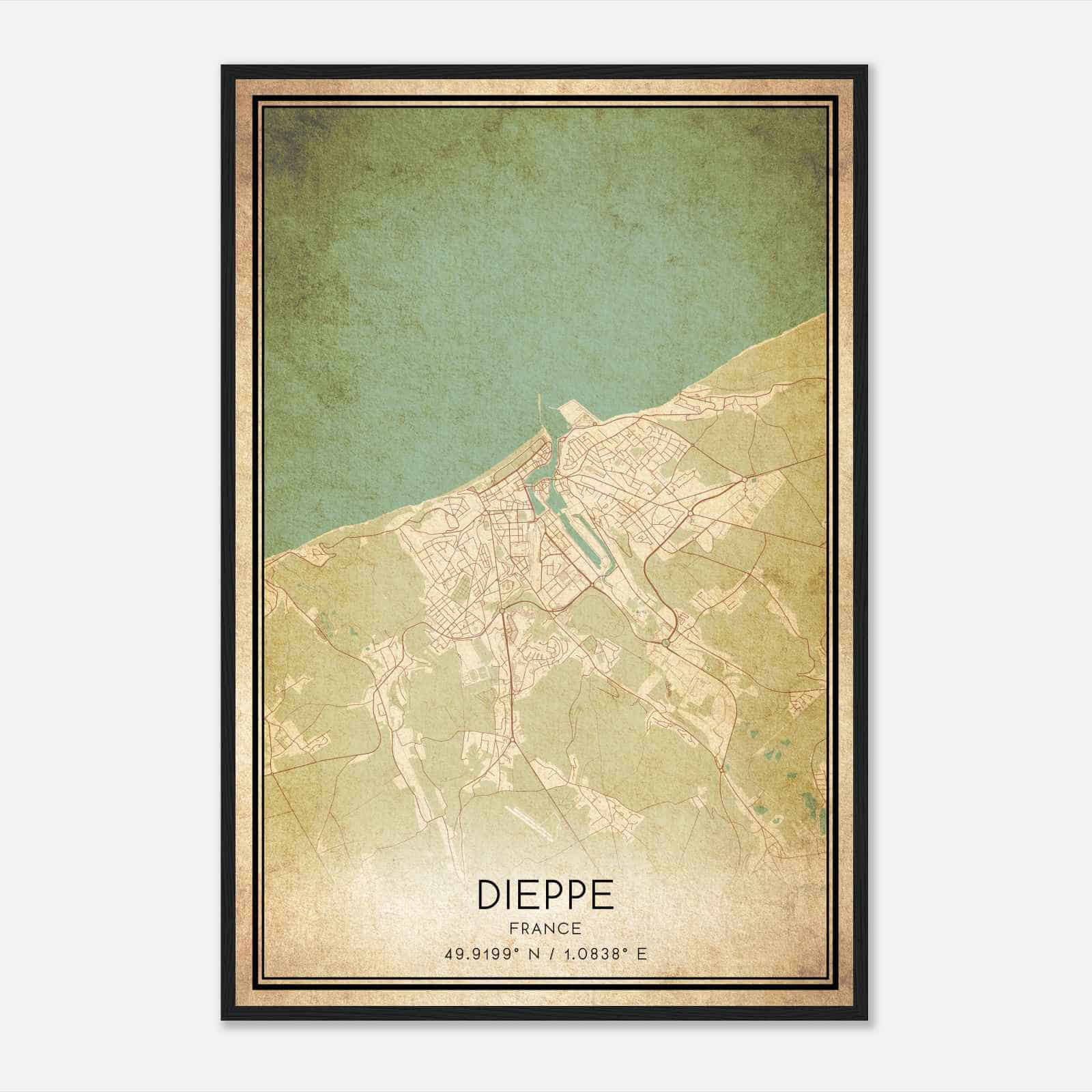 Vintage Dieppe France Map Poster, Dieppe City Road Wall Art Print