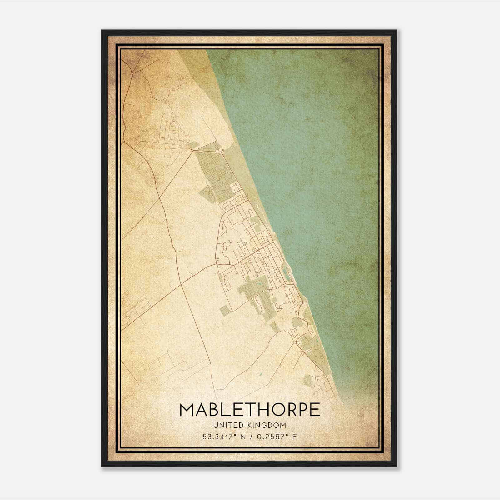 Vintage Mablethorpe United Kingdom Map Poster, Mablethorpe City Road Wall Art Print
