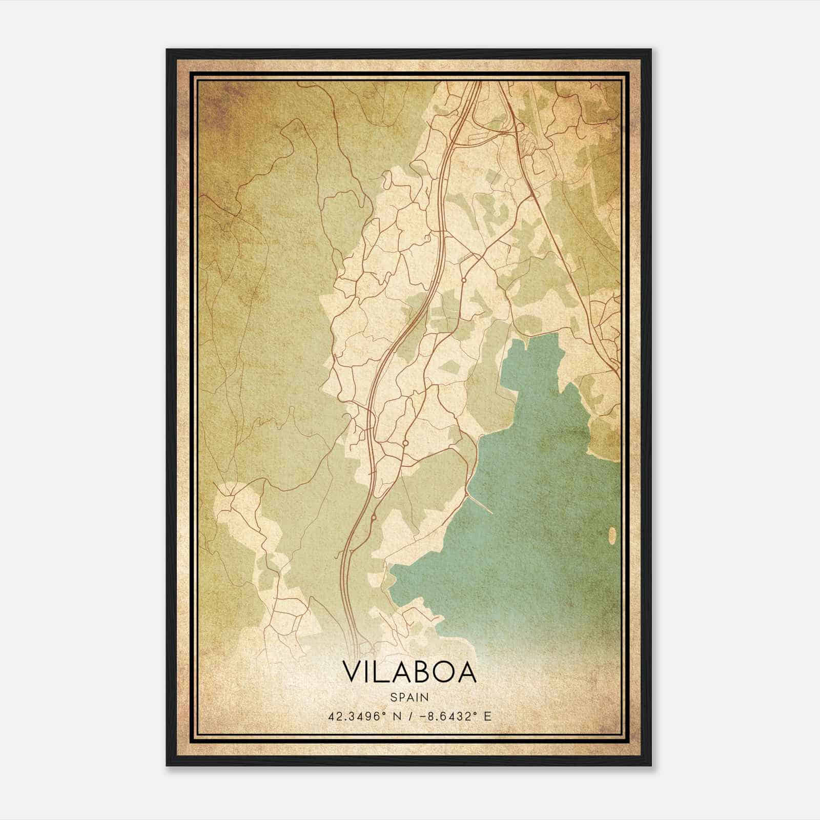 Vintage Vilaboa Spain Map Poster, Vilaboa City Road Wall Art Print