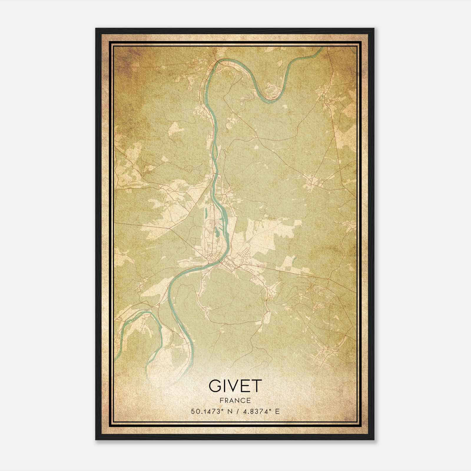 Vintage Givet France Map Poster, Givet City Road Wall Art Print