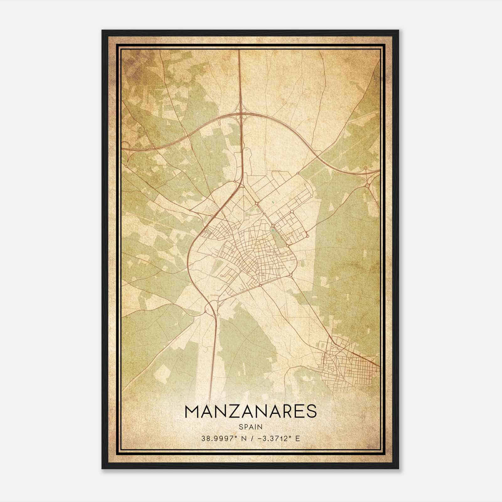 Vintage Manzanares Spain Map Poster, Manzanares City Road Wall Art Print