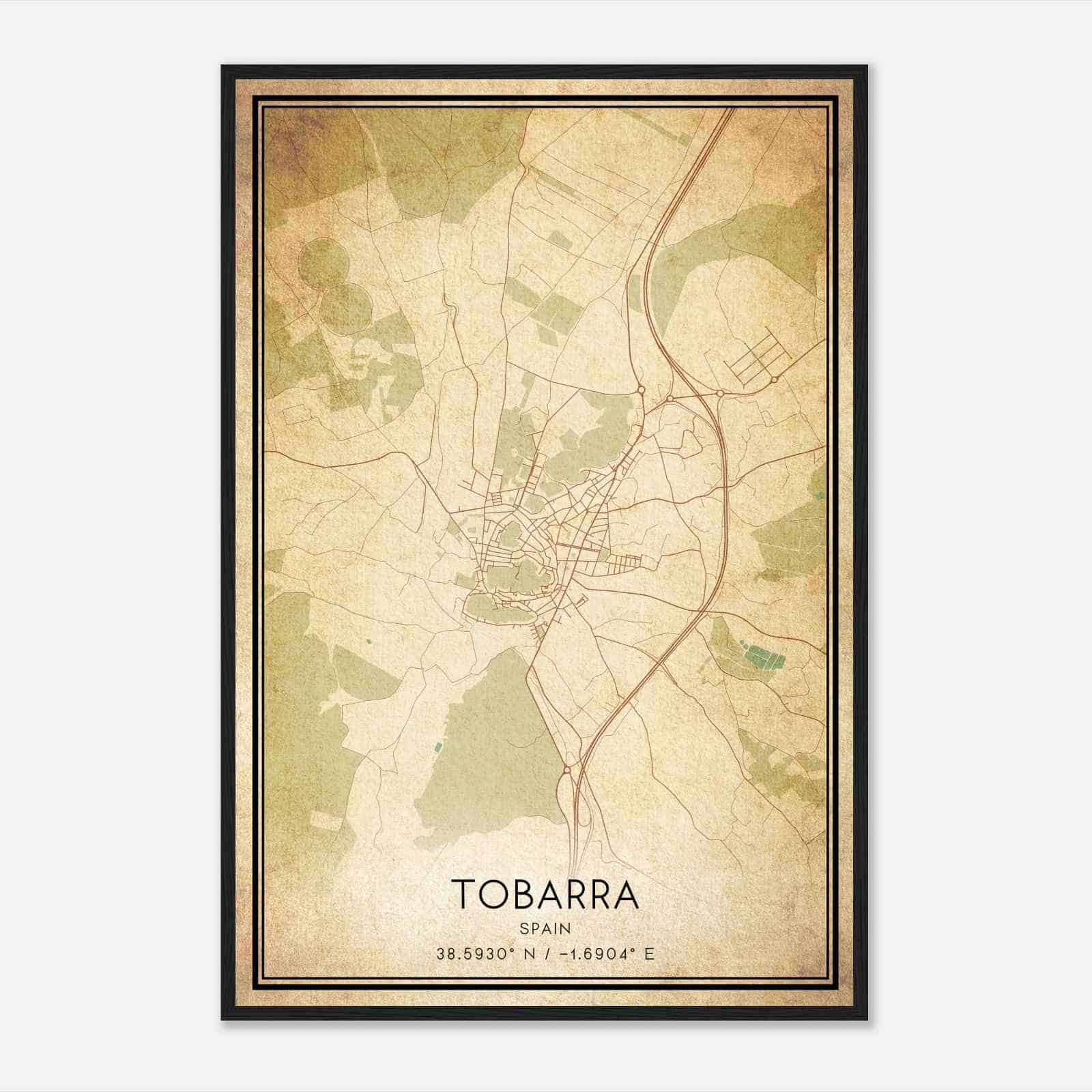 Vintage Tobarra Spain Map Poster, Tobarra City Road Wall Art Print