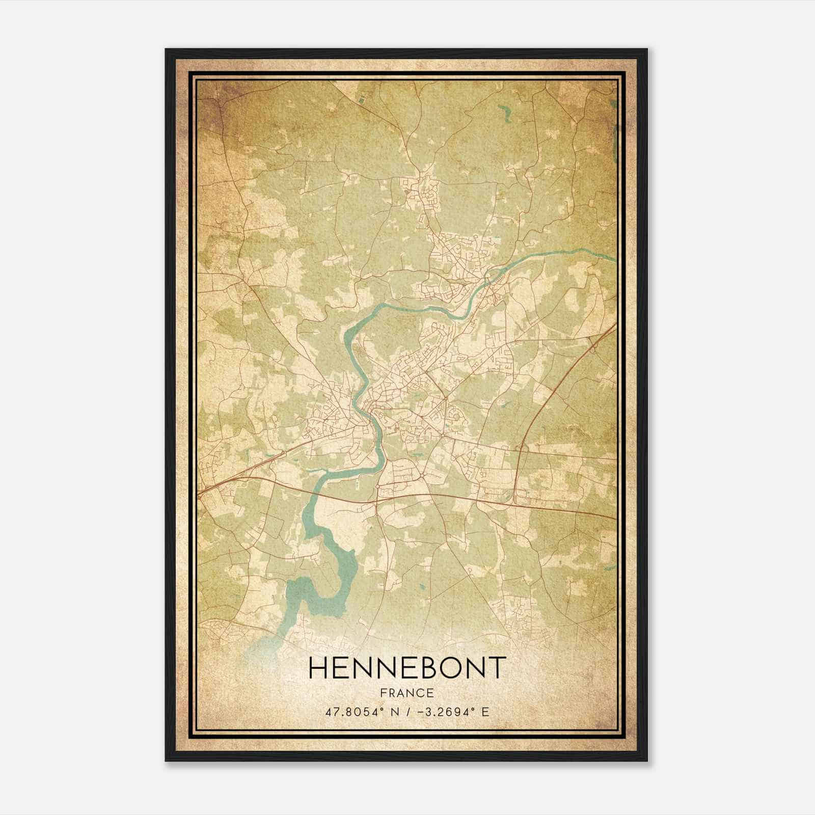 Vintage Hennebont France Map Poster, Hennebont City Road Wall Art Print