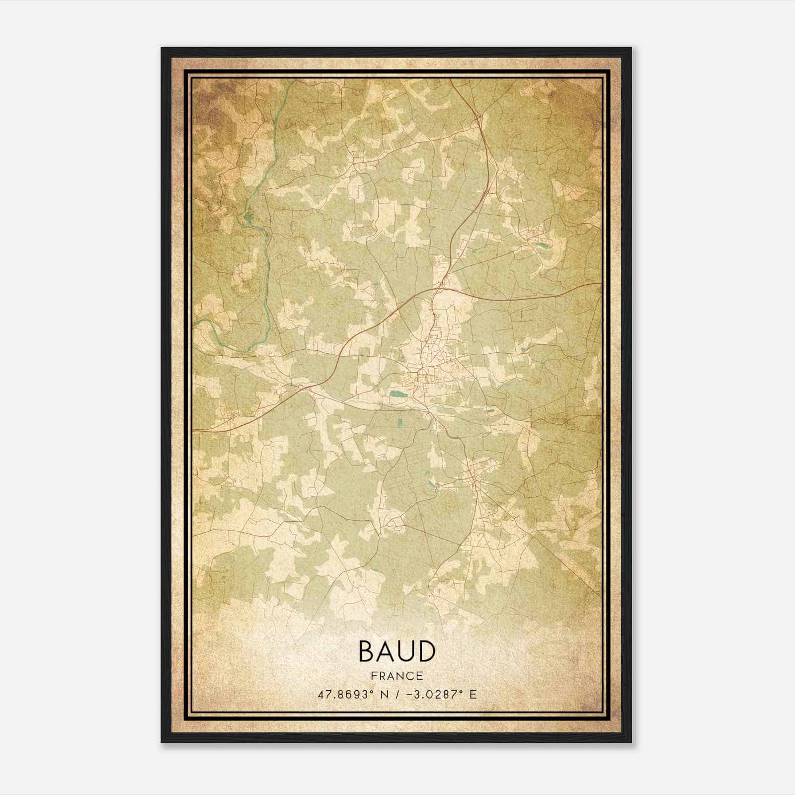 Vintage Baud France Map Poster, Baud City Road Wall Art Print