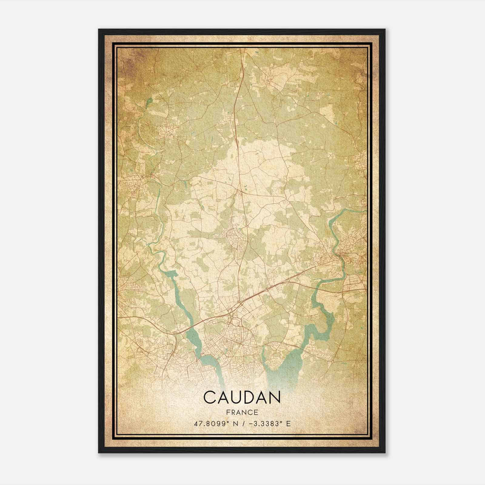 Vintage Caudan France Map Poster, Caudan City Road Wall Art Print