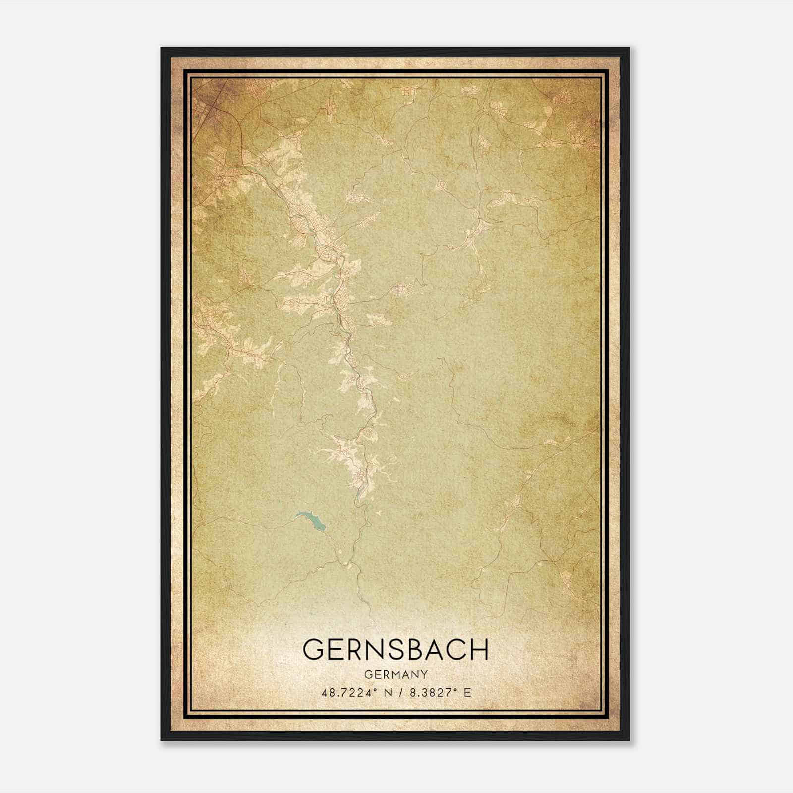 Vintage Gernsbach Germany Map Poster, Gernsbach City Road Wall Art Print