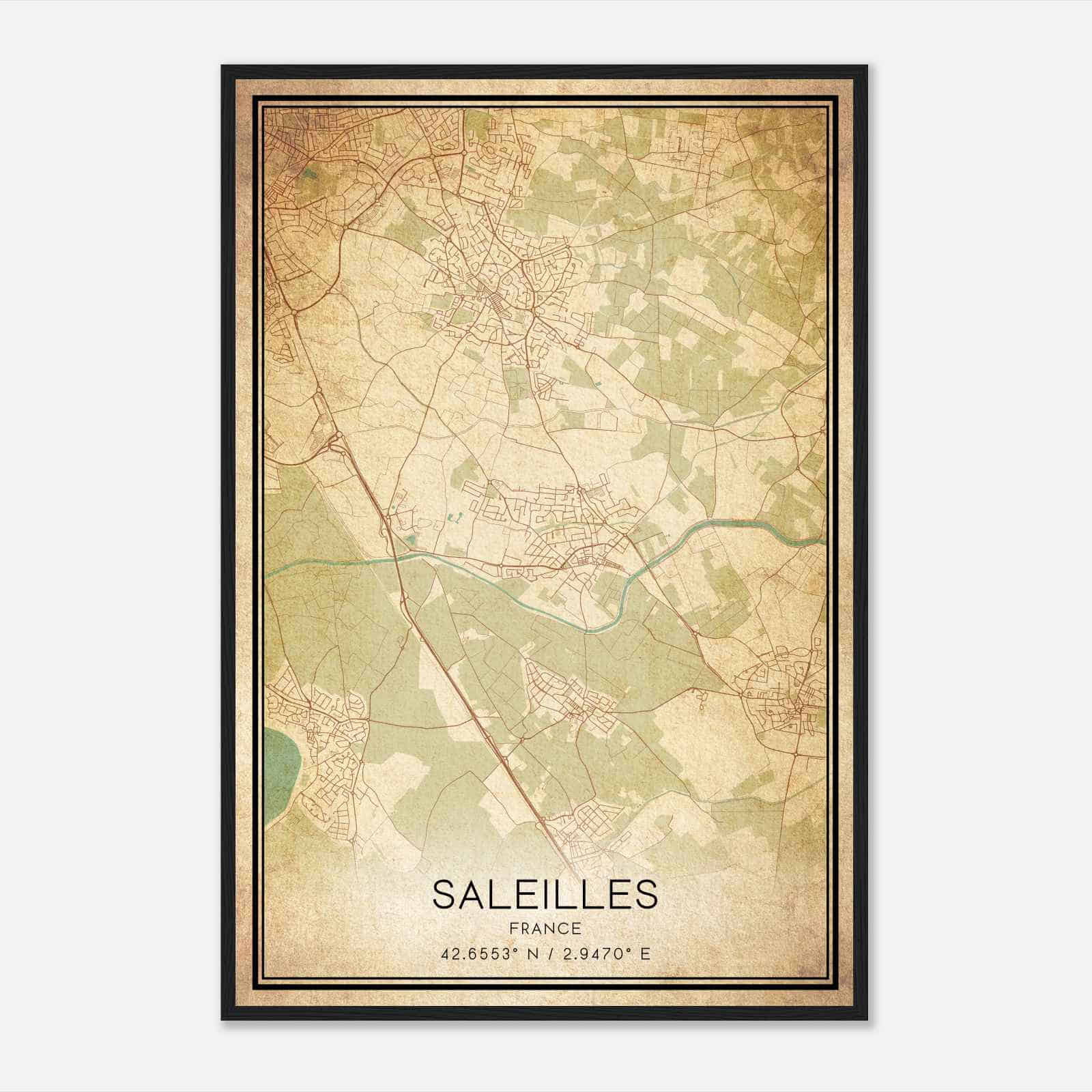 Vintage Saleilles France Map Poster, Saleilles City Road Wall Art Print