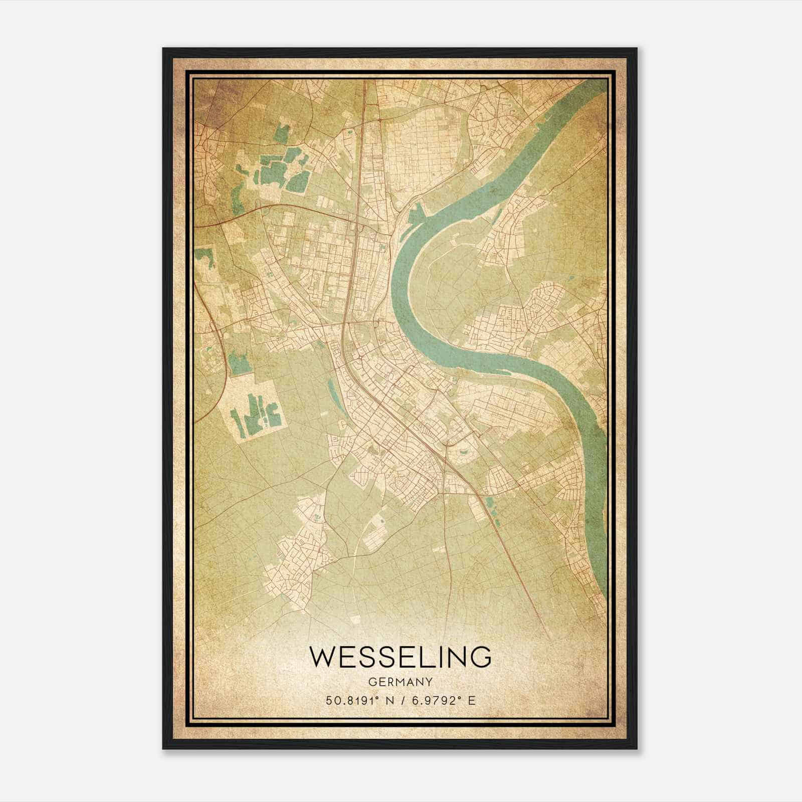 Vintage Wesseling Germany Map Poster, Wesseling City Road Wall Art Print