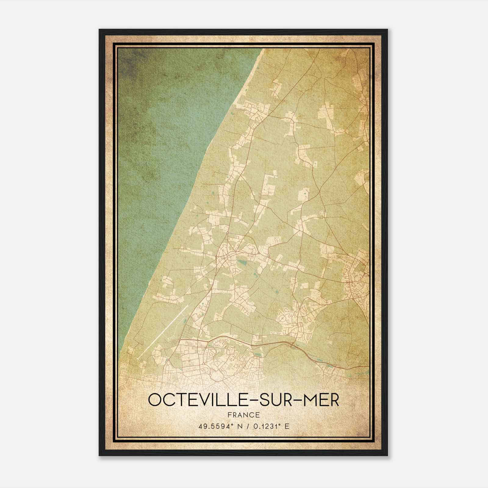 Vintage Octeville-sur-Mer France Map Poster, Octeville-sur-Mer City Road Wall Art Print