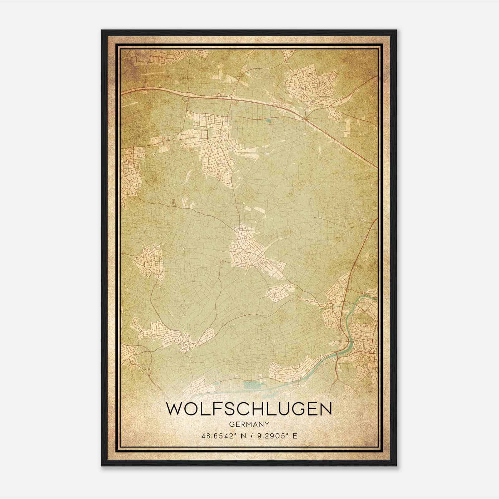 Vintage Wolfschlugen Germany Map Poster, Wolfschlugen City Road Wall Art Print