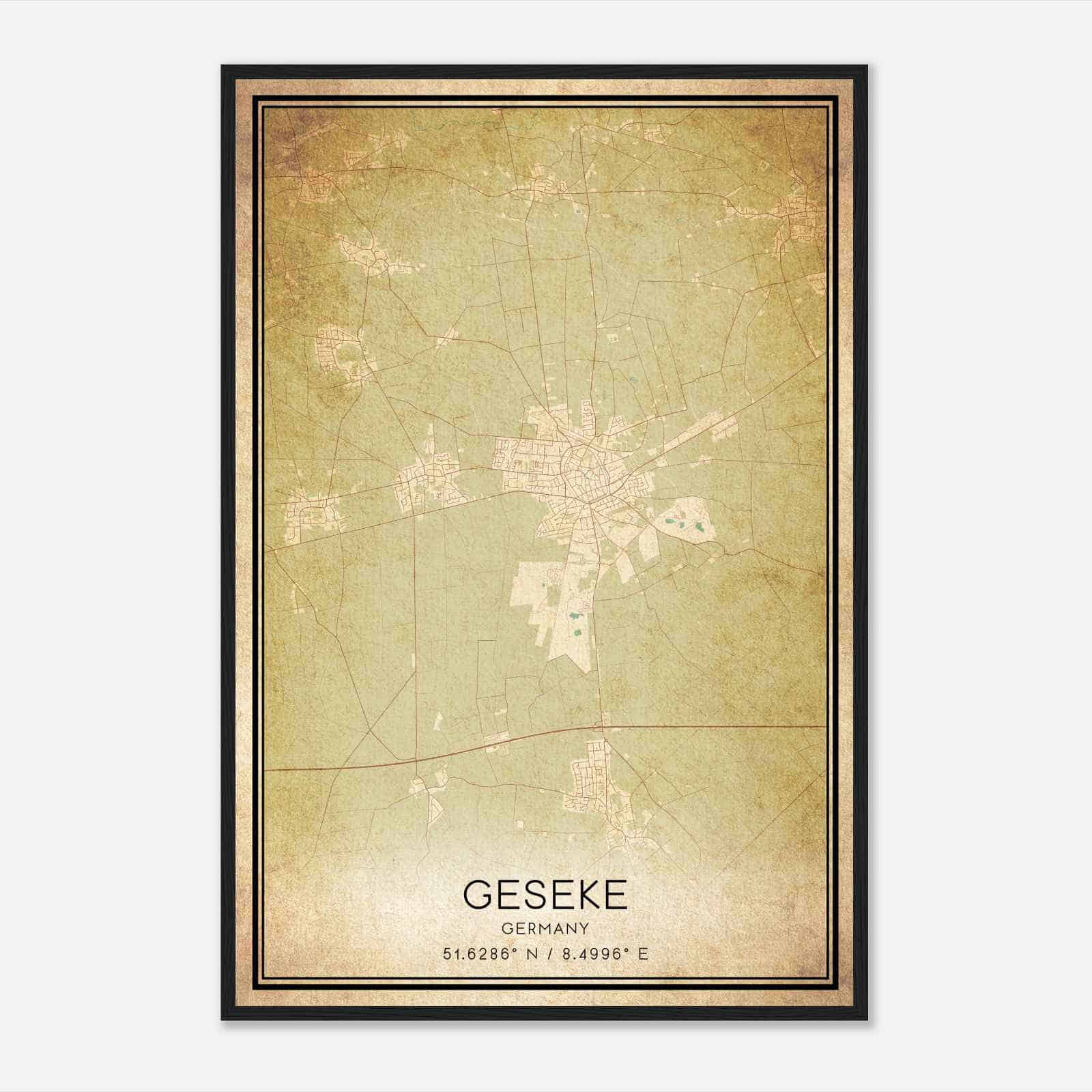 Vintage Geseke Germany Map Poster, Geseke City Road Wall Art Print