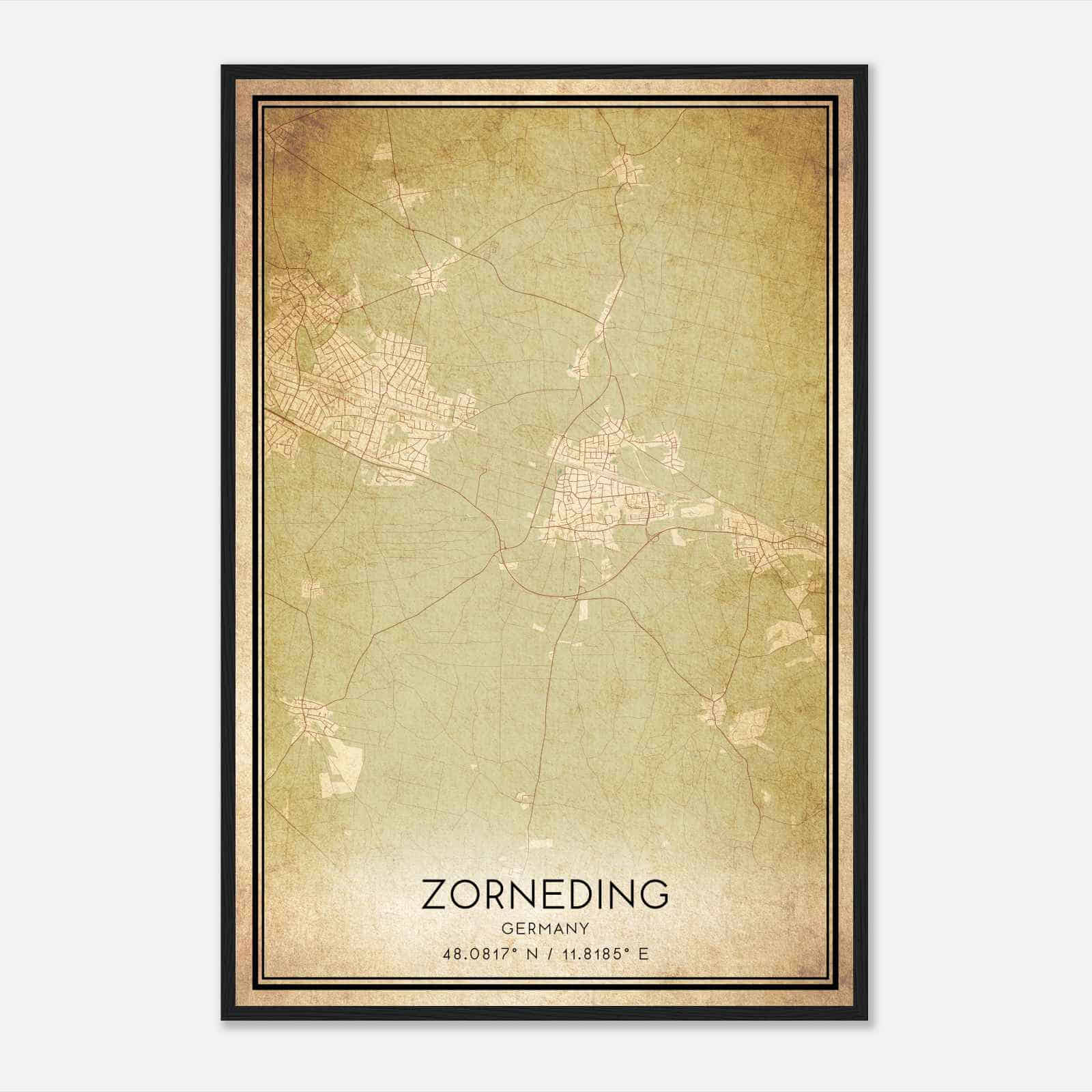 Vintage Zorneding Germany Map Poster, Zorneding City Road Wall Art Print
