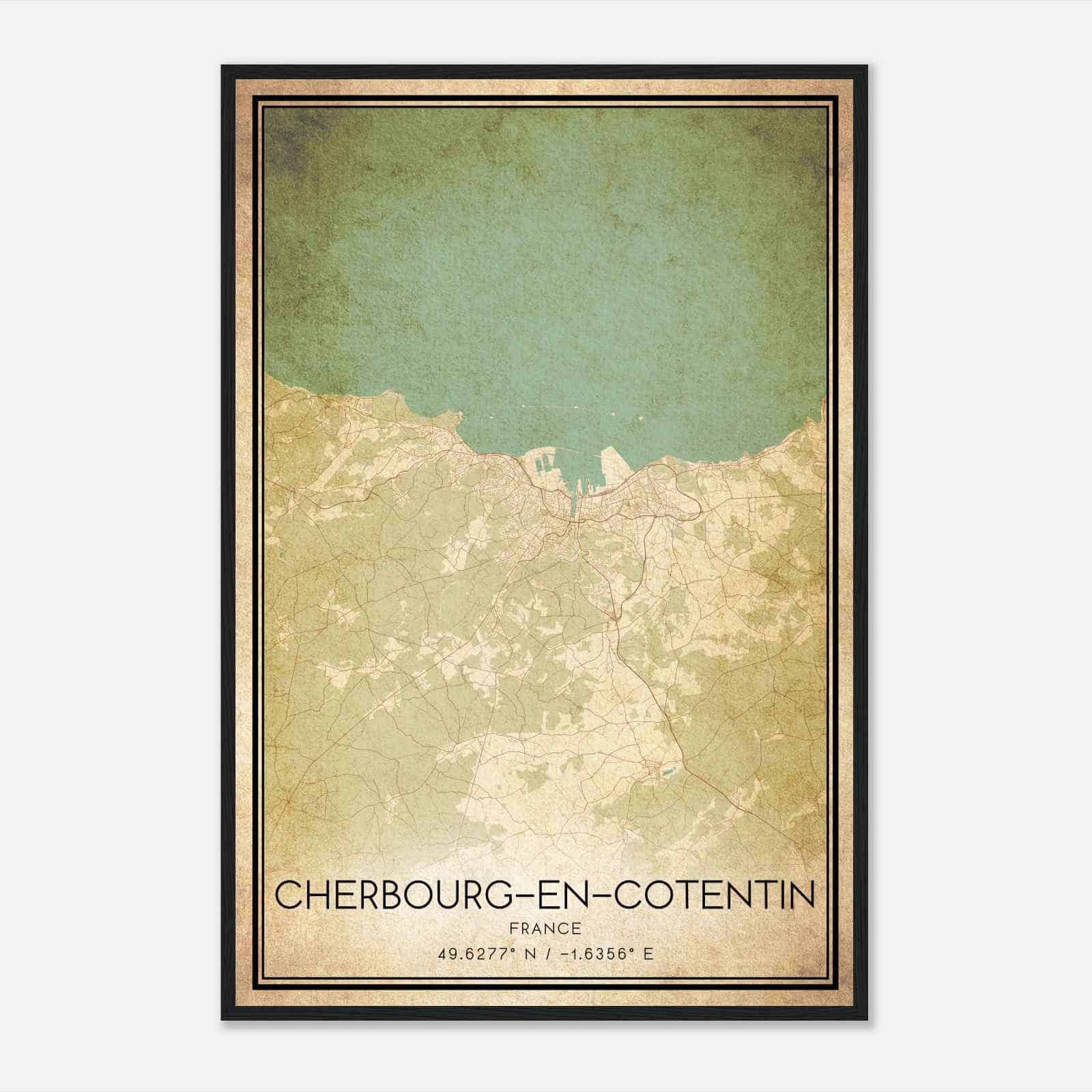 Vintage Cherbourg France Map Poster, Cherbourg City Road Wall Art Print