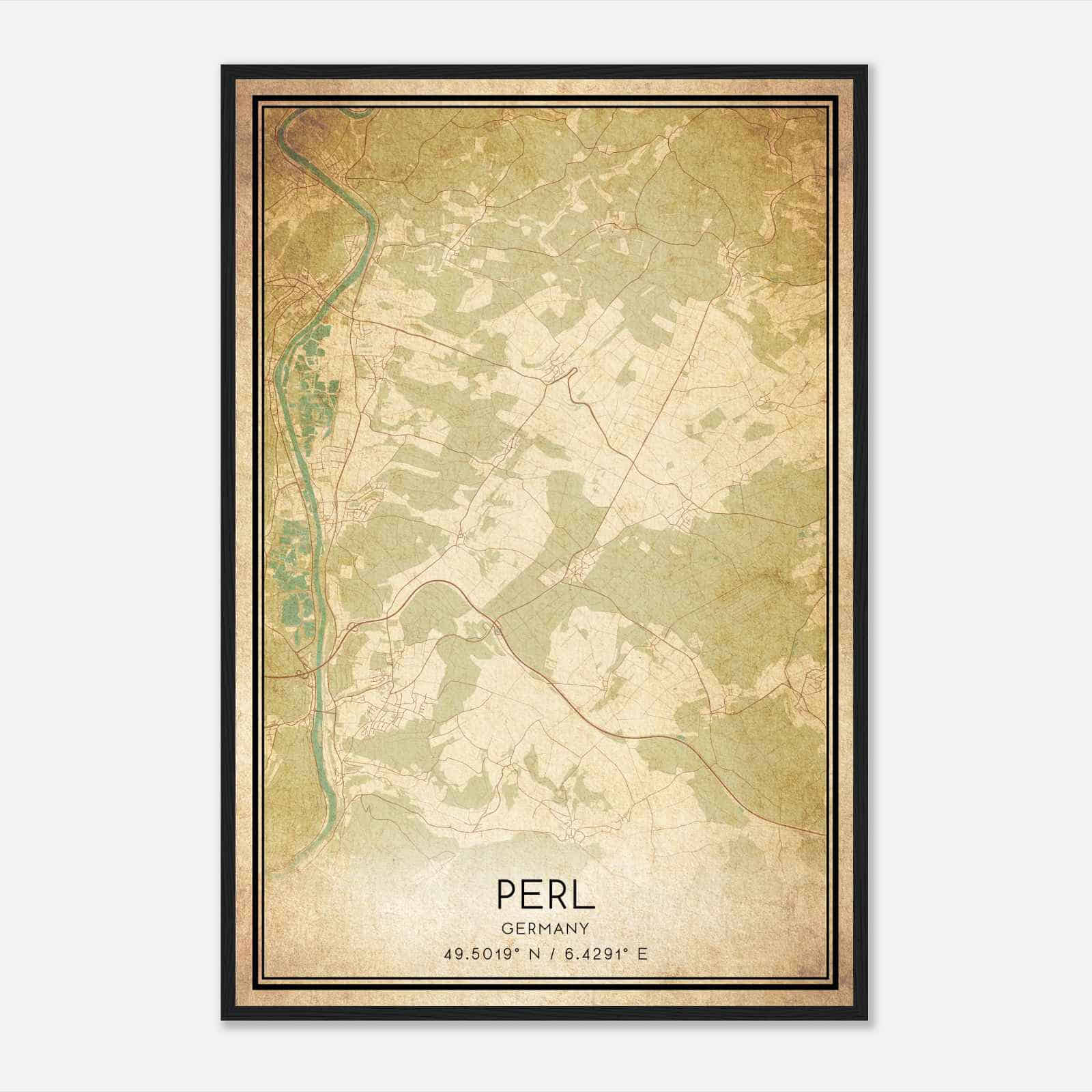 Vintage Perl Germany Map Poster, Perl City Road Wall Art Print