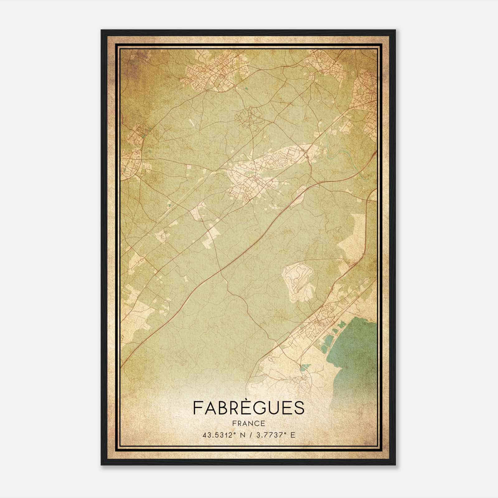 Vintage Fabregues France Map Poster, Fabregues City Road Wall Art Print