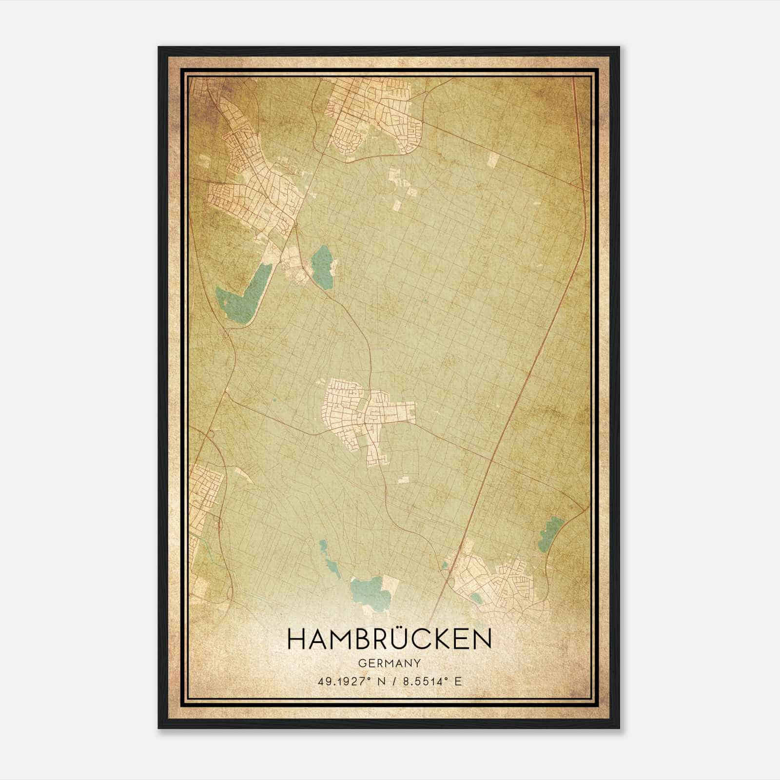 Vintage Hambrucken Germany Map Poster, Hambrucken City Road Wall Art Print