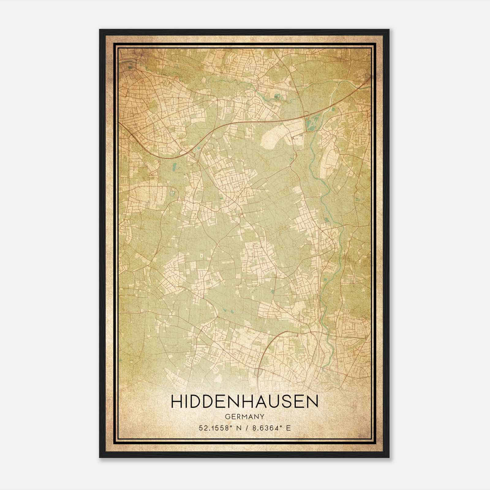 Vintage Hiddenhausen Germany Map Poster, Hiddenhausen City Road Wall Art Print