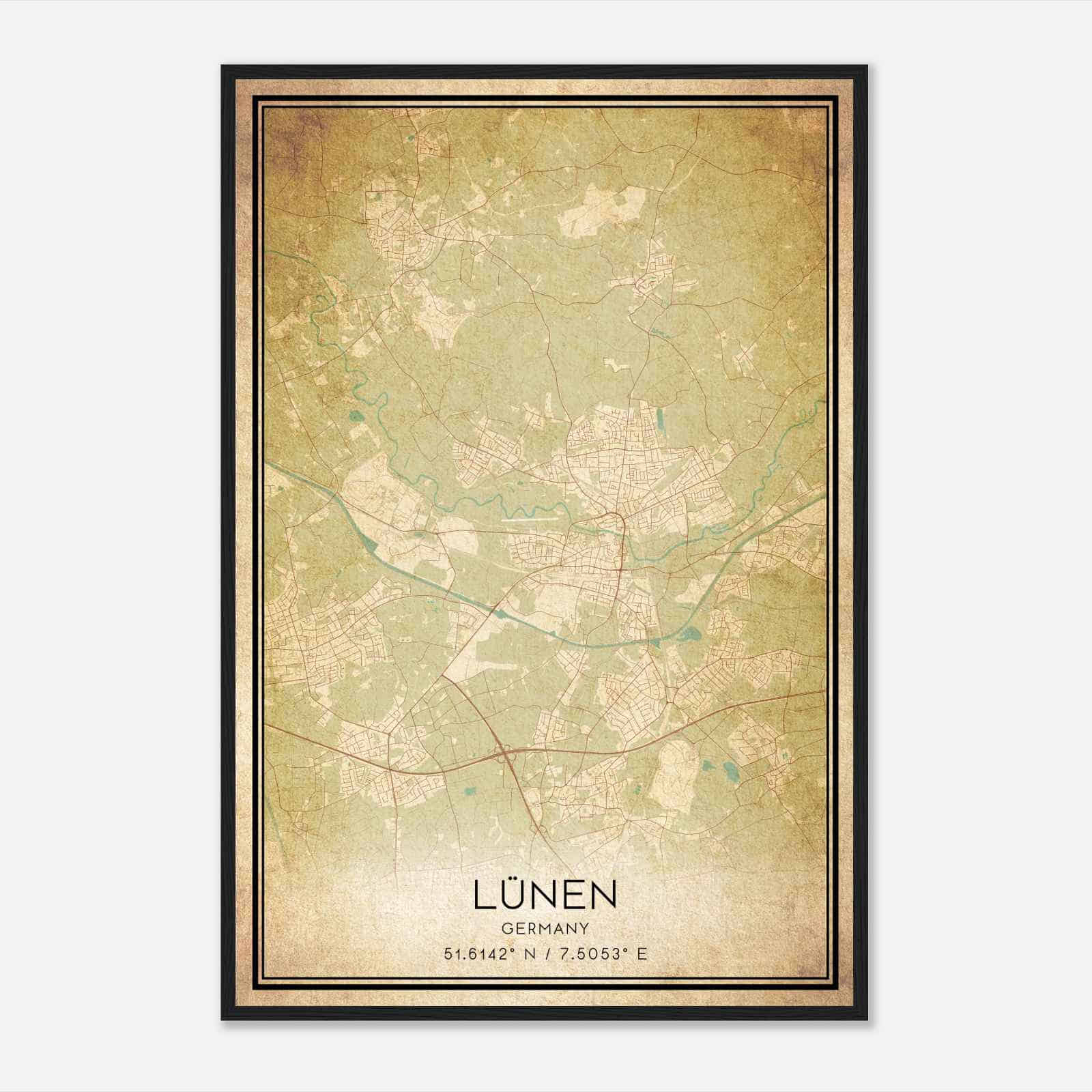 Vintage Lunen Germany Map Poster, Lunen City Road Wall Art Print
