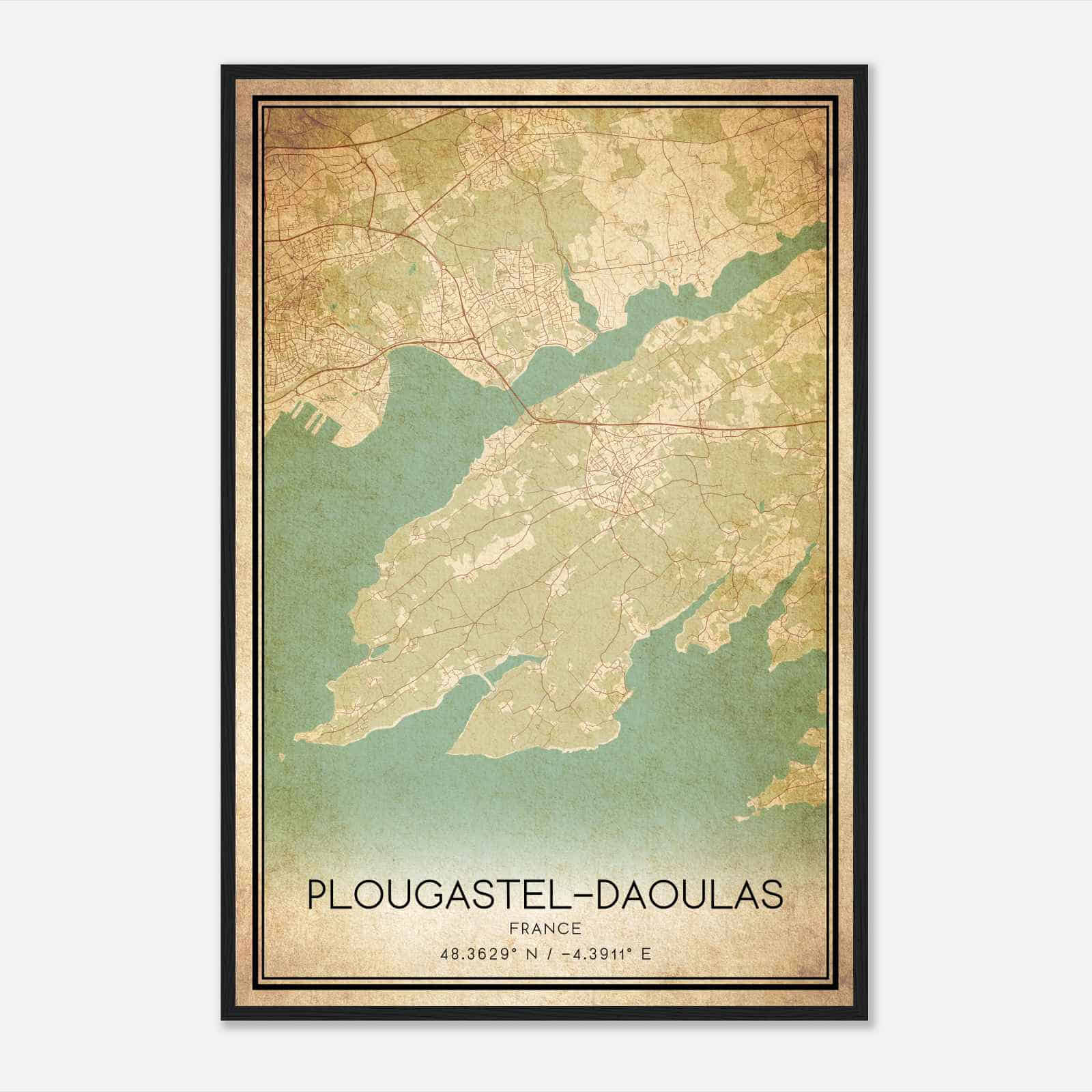 Vintage Plougastel-Daoulas France Map Poster, Plougastel-Daoulas City Road Wall Art Print
