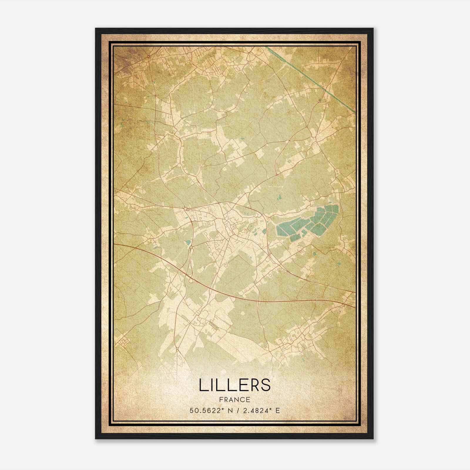 Vintage Lillers France Map Poster, Lillers City Road Wall Art Print