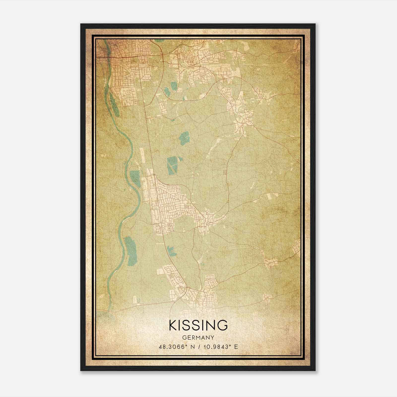 Vintage Kissing Germany Map Poster, Kissing City Road Wall Art Print