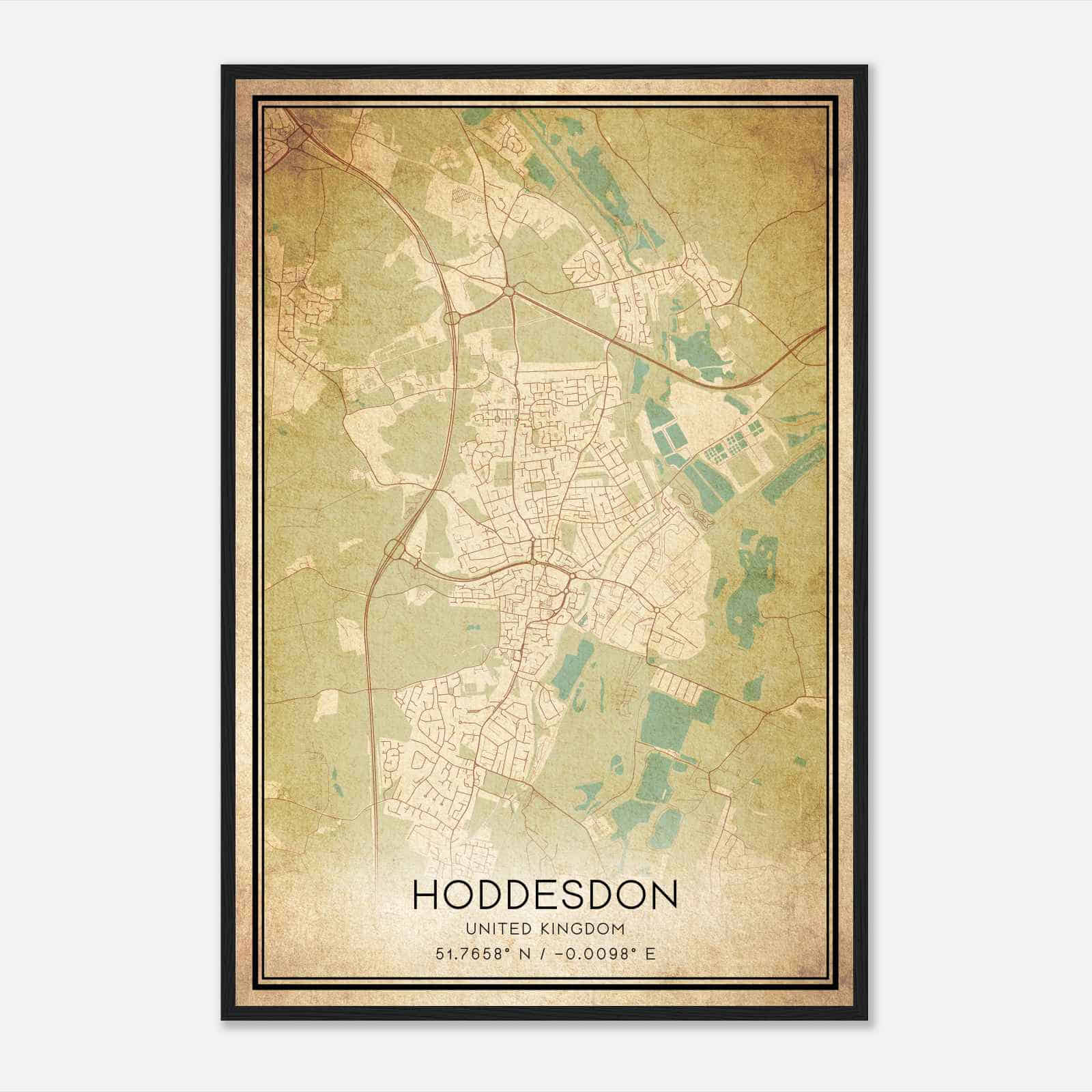 Vintage Hoddesdon United Kingdom Map Poster, Hoddesdon City Road Wall Art Print