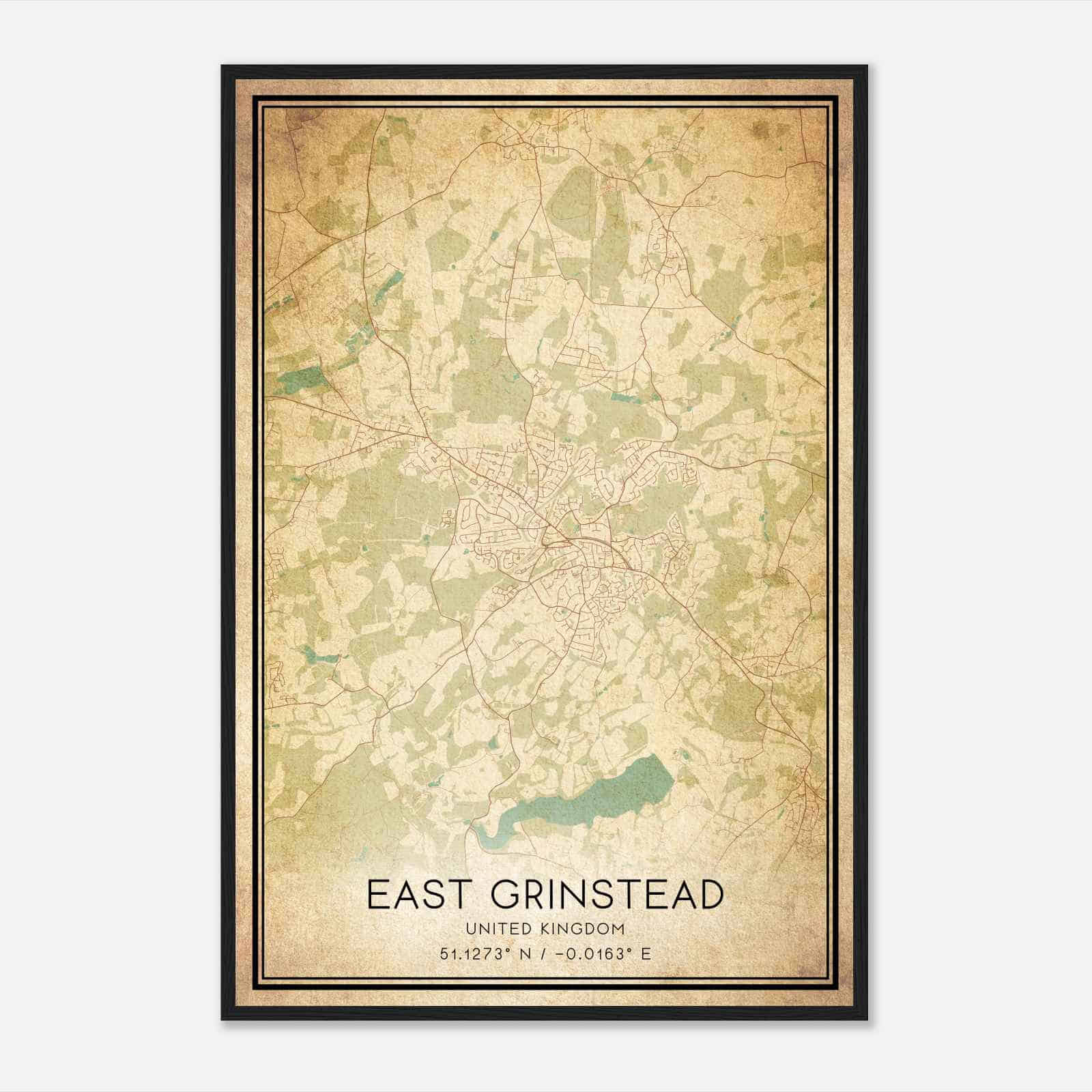 Vintage East Grinstead United Kingdom Map Poster, East Grinstead City Road Wall Art Print