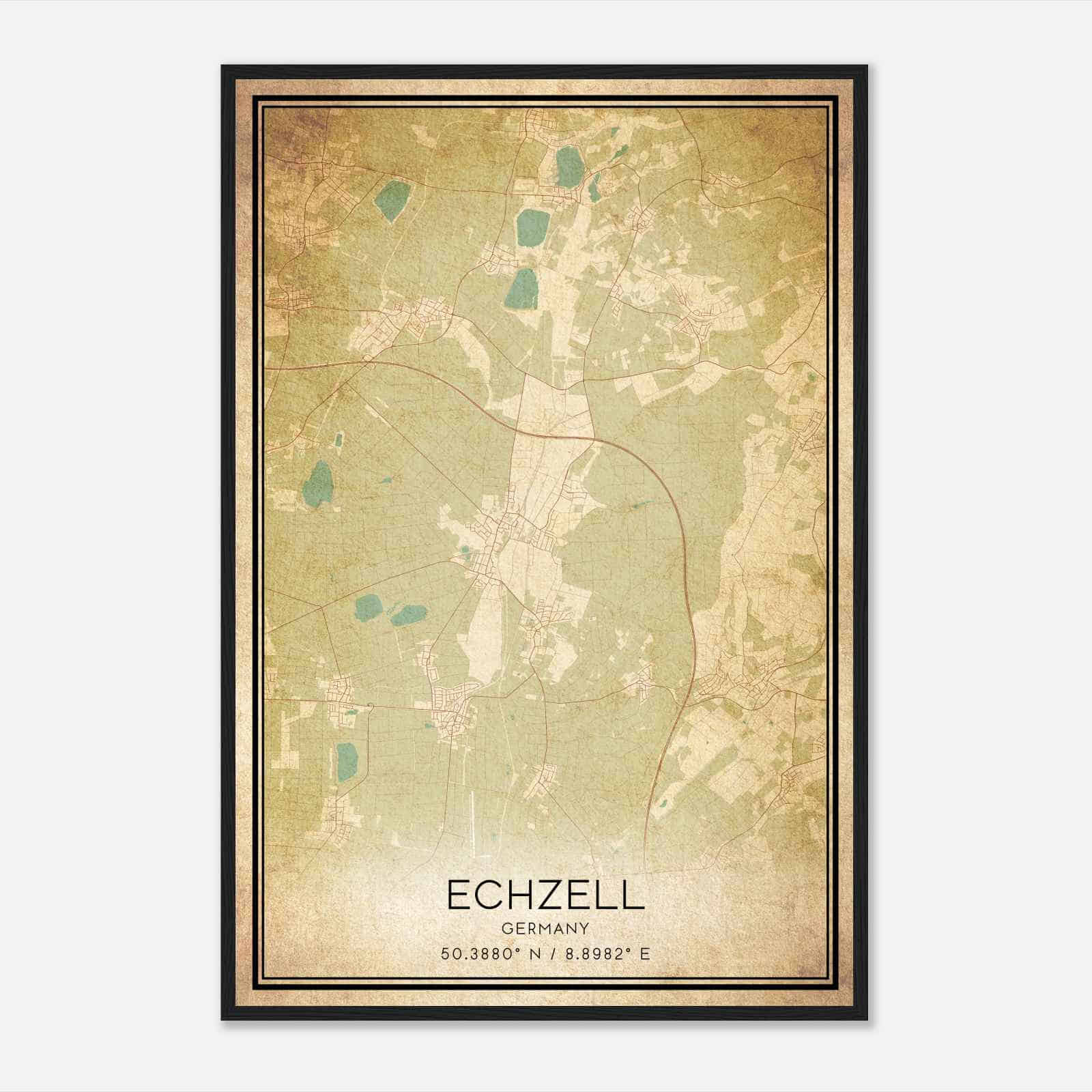 Vintage Echzell Germany Map Poster, Echzell City Road Wall Art Print