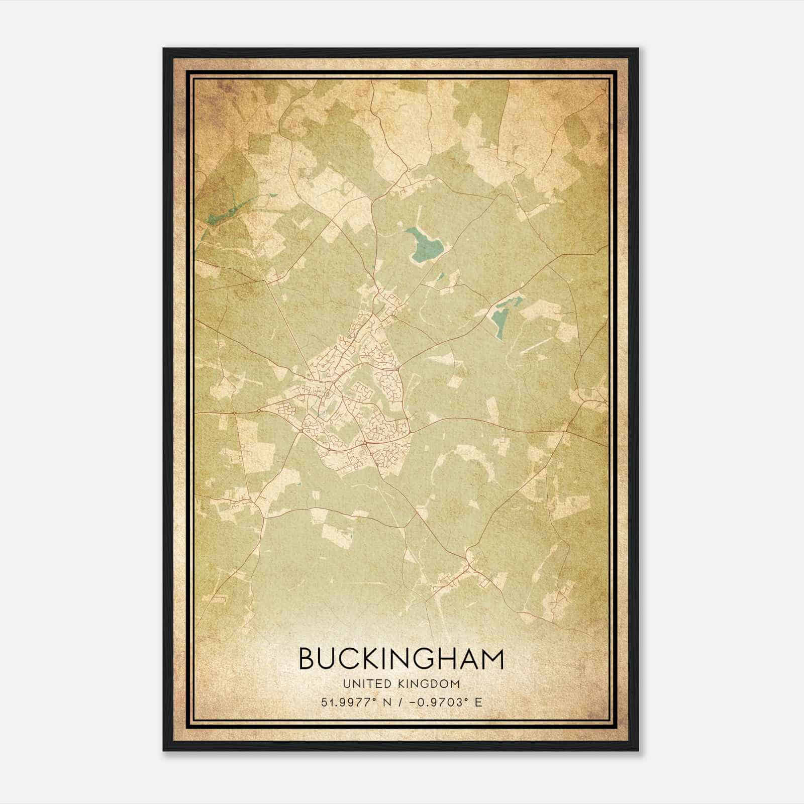 Vintage Buckingham United Kingdom Map Poster, Buckingham City Road Wall Art Print