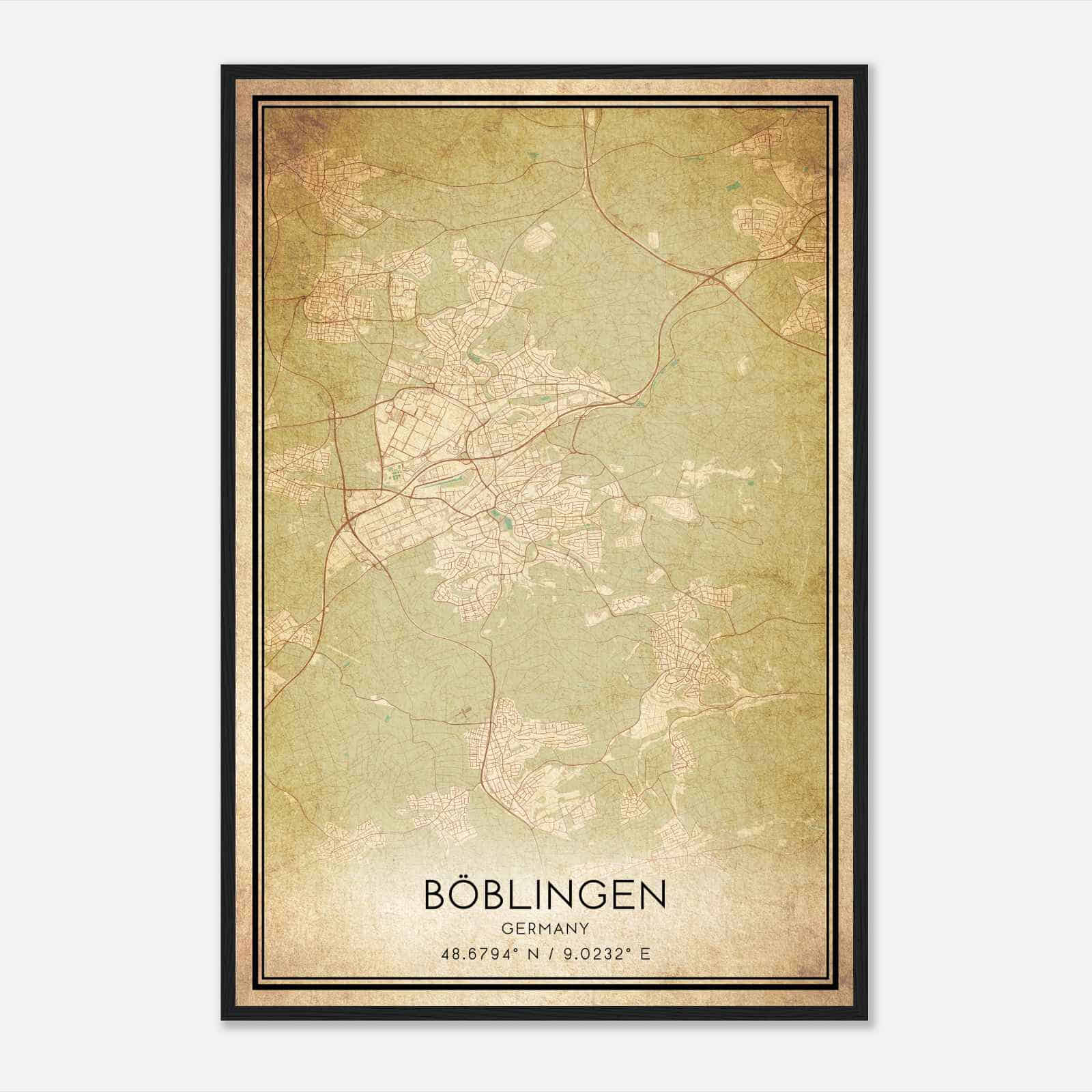 Vintage Boblingen Germany Map Poster, Boblingen City Road Wall Art Print