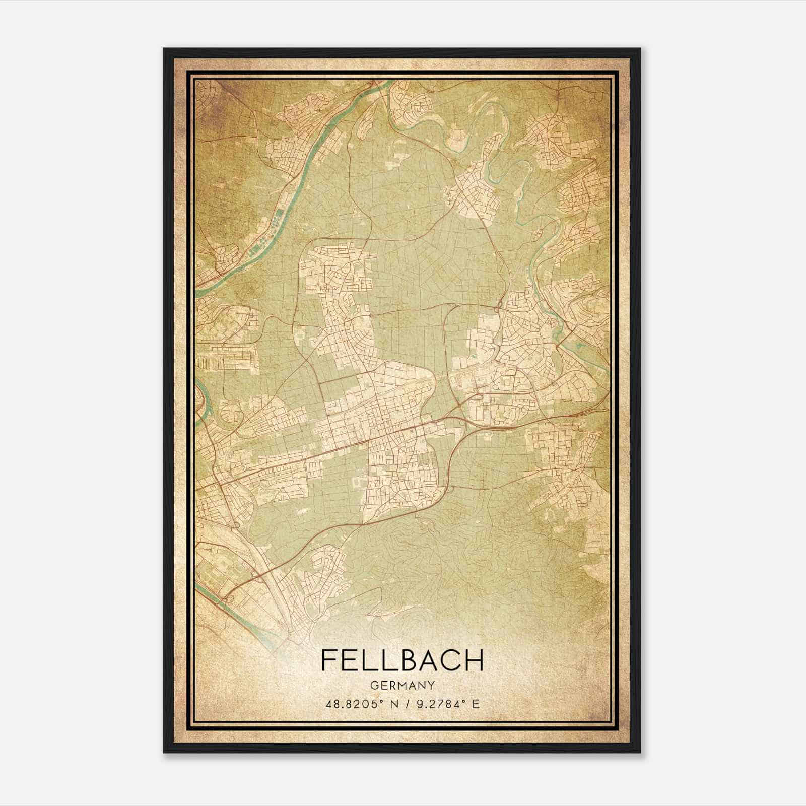 Vintage Fellbach Germany Map Poster, Fellbach City Road Wall Art Print
