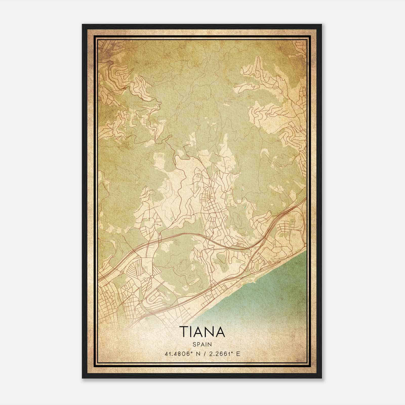 Vintage Tiana Spain Map Poster, Tiana City Road Wall Art Print