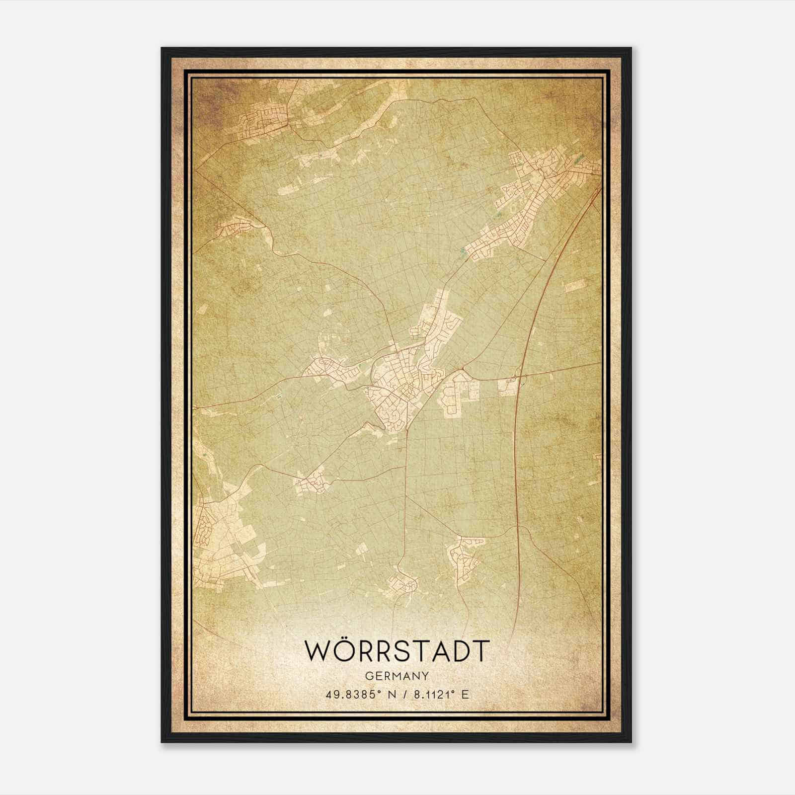 Vintage Worrstadt Germany Map Poster, Worrstadt City Road Wall Art Print