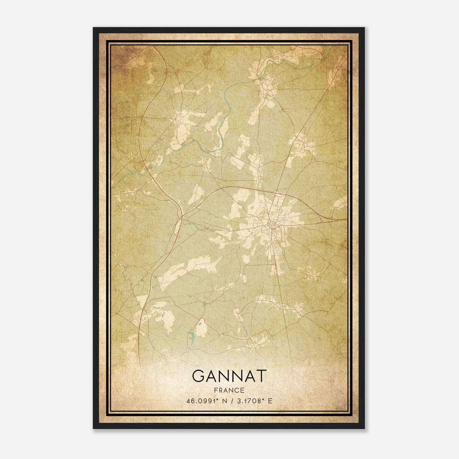 Vintage Gannat France Map Poster, Gannat City Road Wall Art Print
