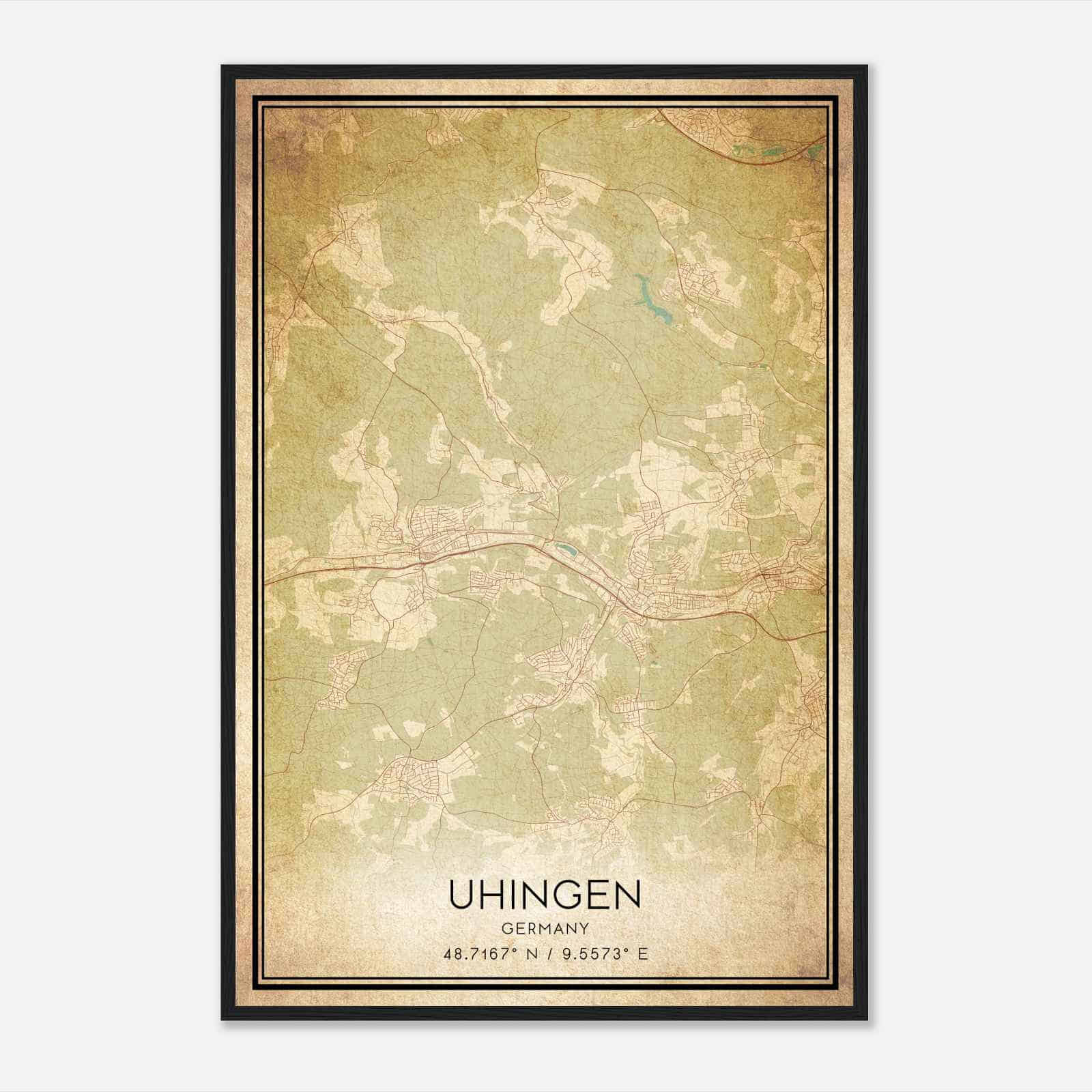 Vintage Uhingen Germany Map Poster, Uhingen City Road Wall Art Print