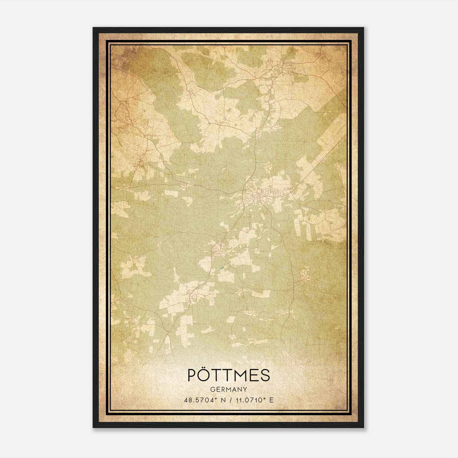Vintage Pottmes Germany Map Poster, Pottmes City Road Wall Art Print