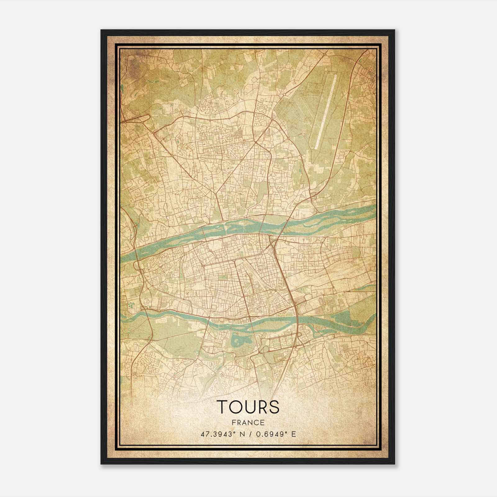 Vintage Tours France Map Poster, Tours City Road Wall Art Print