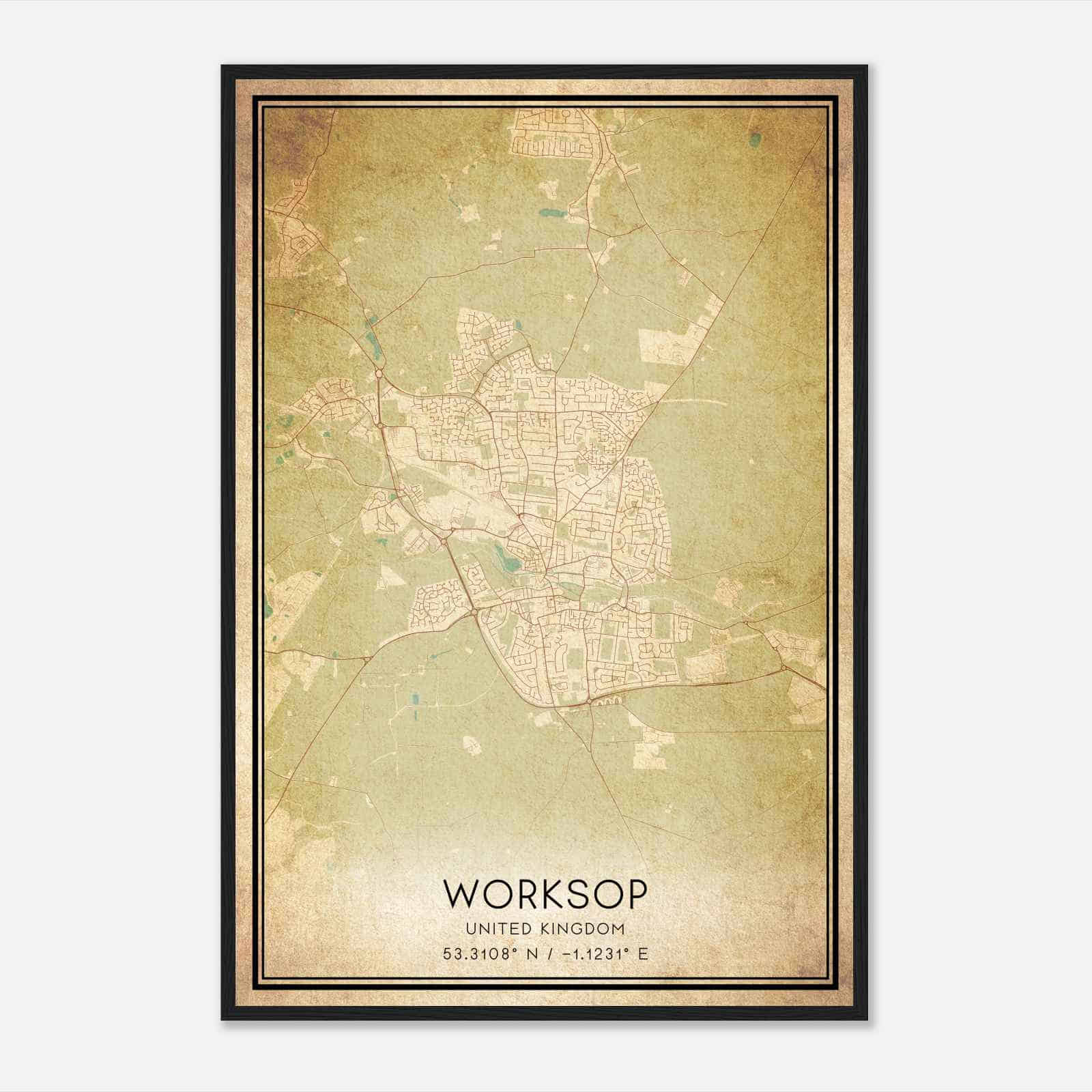 Vintage Worksop United Kingdom Map Poster, Worksop City Road Wall Art Print