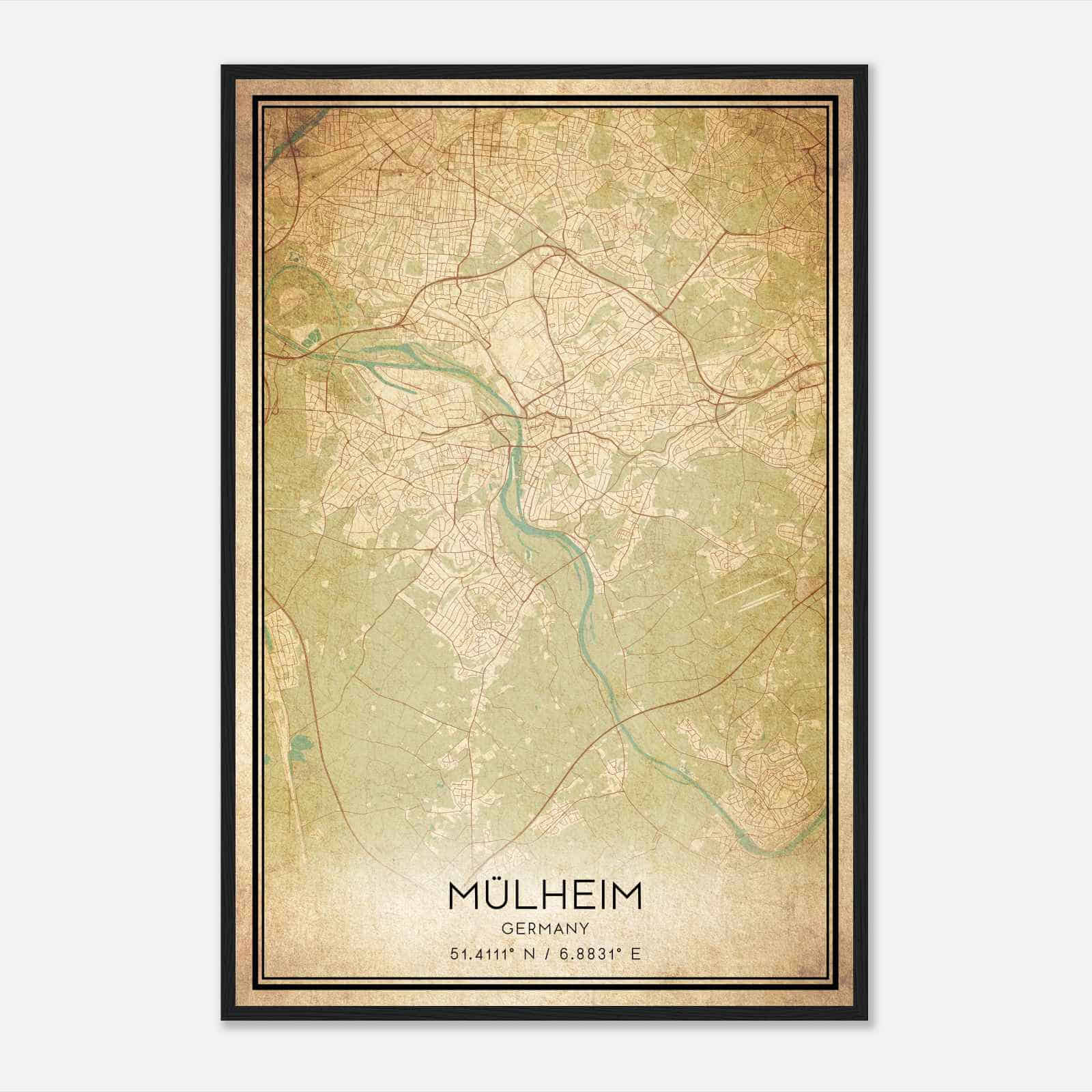 Vintage Mulheim Germany Map Poster, Mulheim City Road Wall Art Print