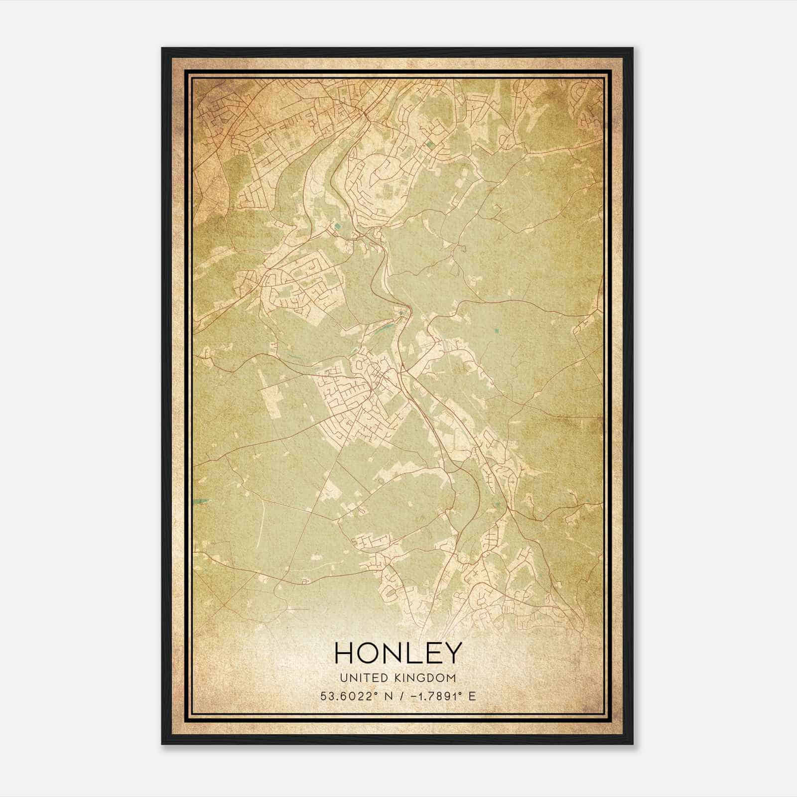 Vintage Honley United Kingdom Map Poster, Honley City Road Wall Art Print Vintage Honley United Kingdom Map Poster, Honley City Road Wall Art Print