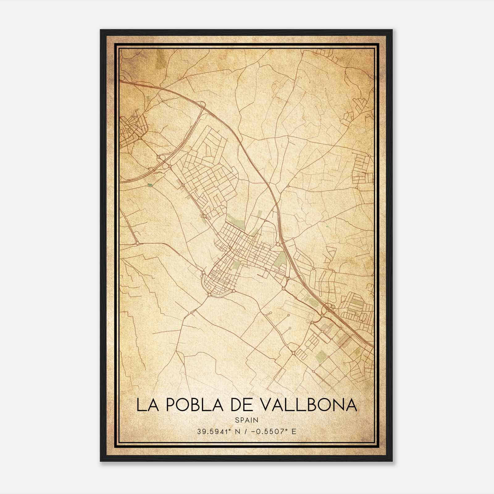 Vintage Puebla de Vallbona Spain Map Poster, Puebla de Vallbona City Road Wall Art Print