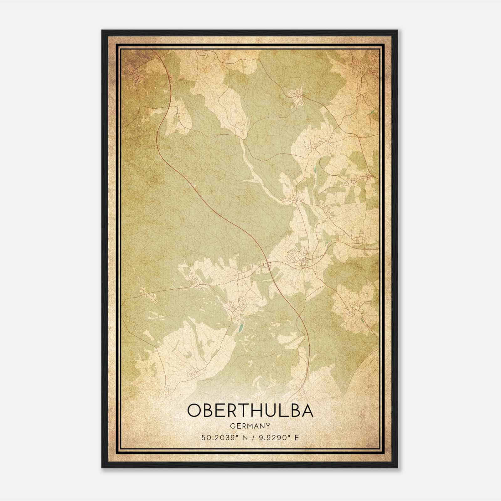 Vintage Oberthulba Germany Map Poster, Oberthulba City Road Wall Art Print