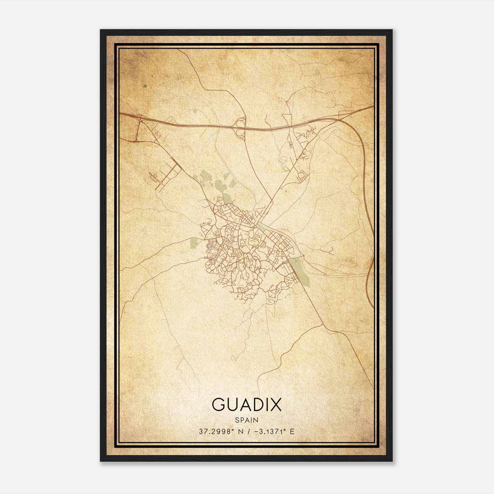 Vintage Guadix Spain Map Poster, Guadix City Road Wall Art Print
