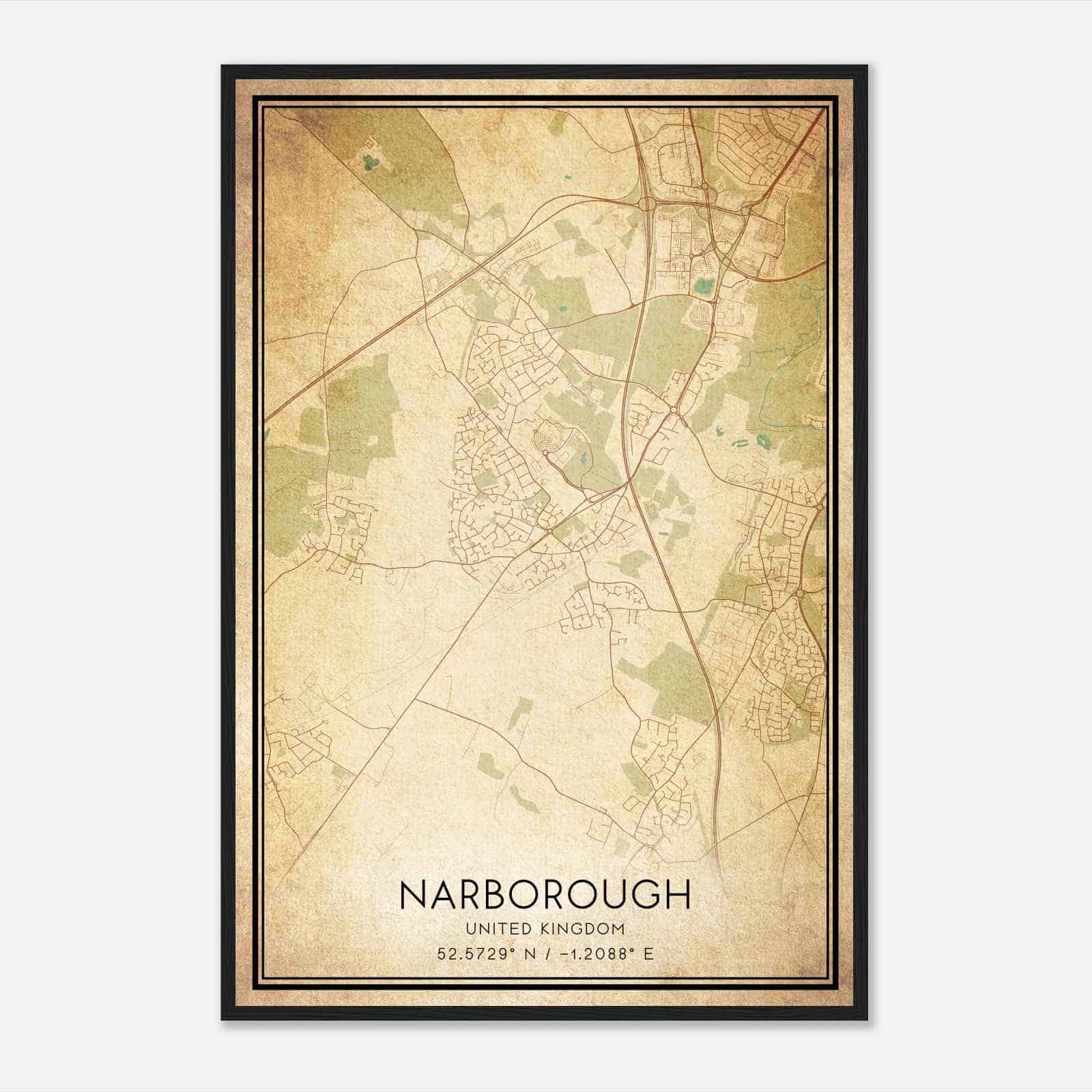 Vintage Narborough United Kingdom Map Poster, Narborough City Road Wall Art Print