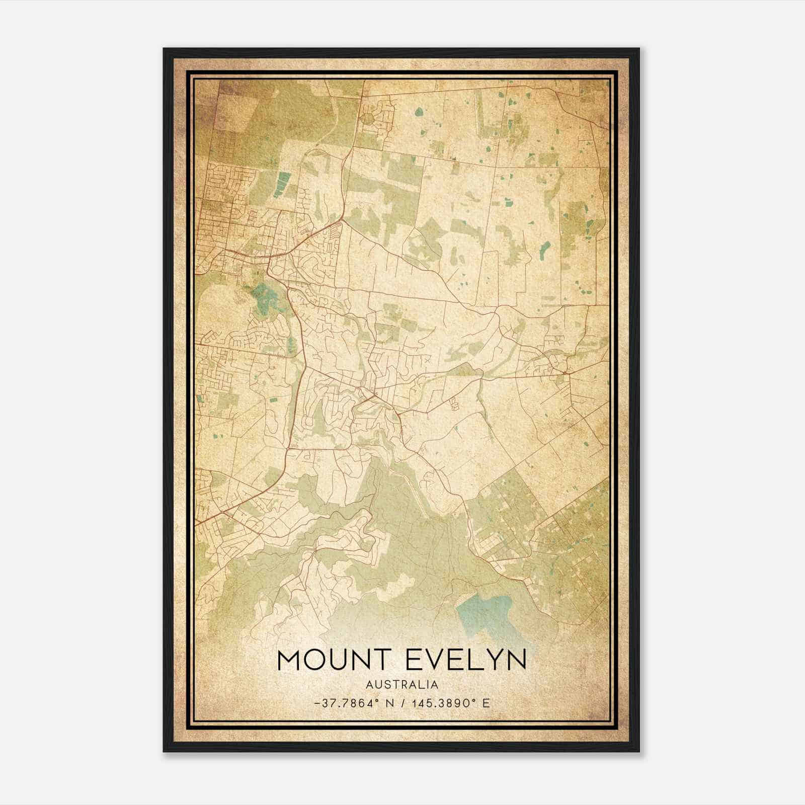 Vintage Mount Evelyn Australia Map Poster, Mount Evelyn City Road Wall Art Print
