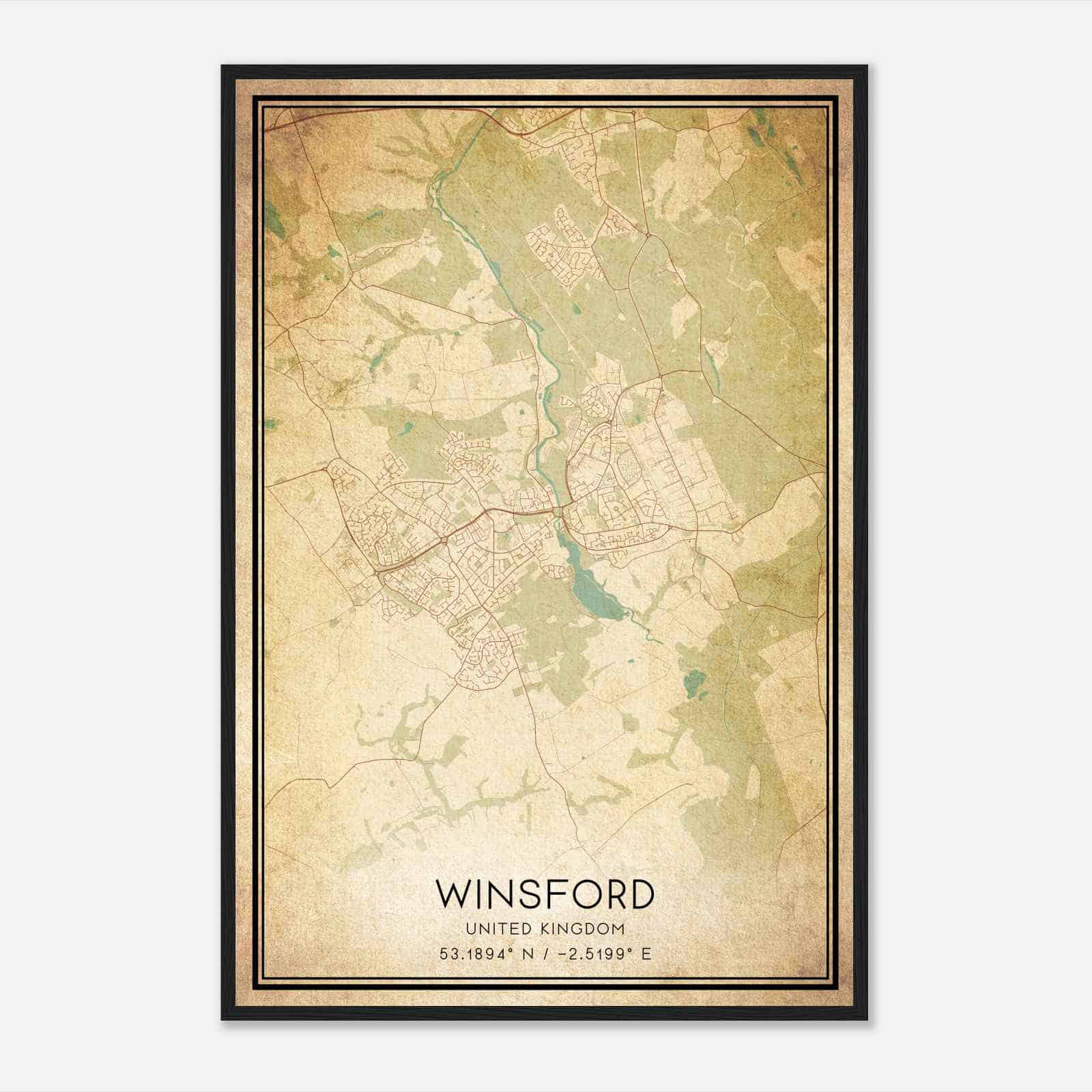 Vintage Winsford United Kingdom Map Poster, Winsford City Road Wall Art Print